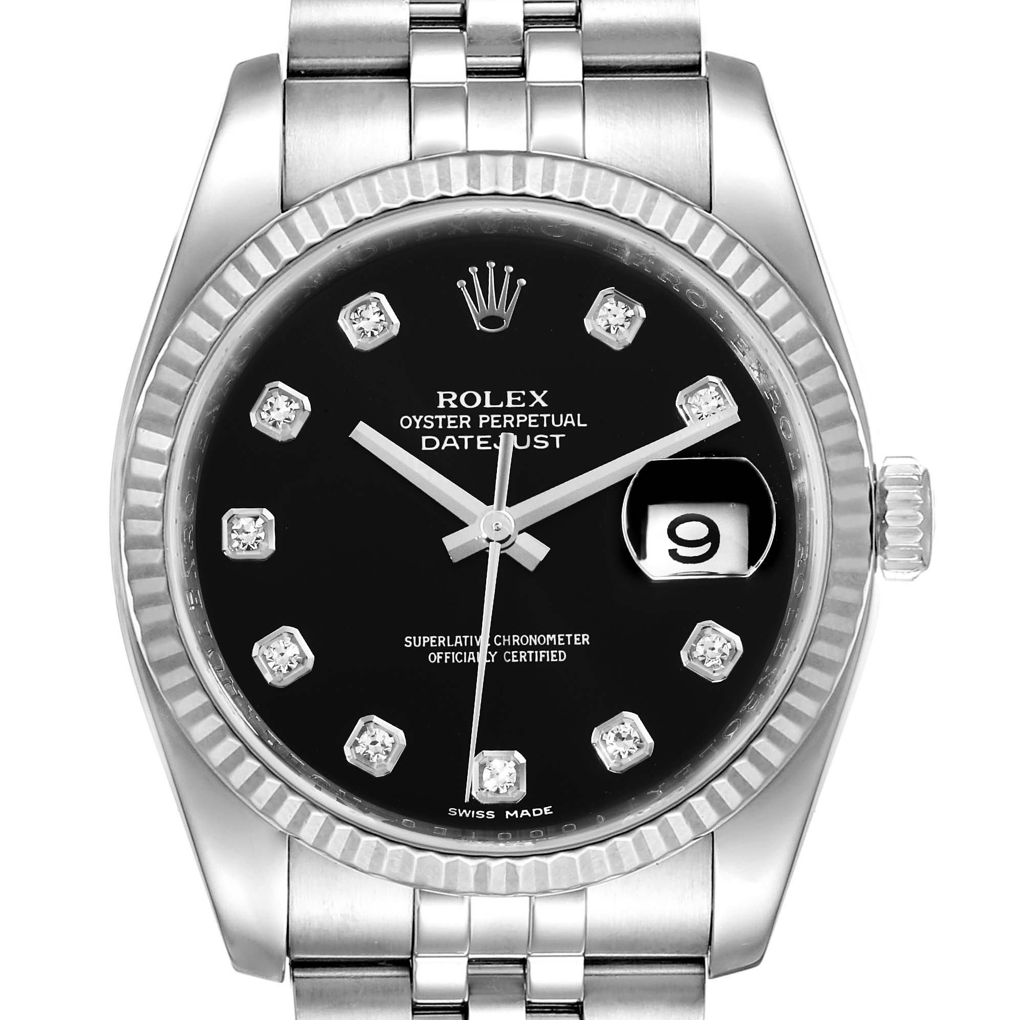 The Rolex Datejust 116234 Men
s Stainless Steel Black Dial 116234 Men
s Stainless Steel Black Dial watch is shown from a front angle, displaying its dial, bezel, crown, and part of the bracelet.