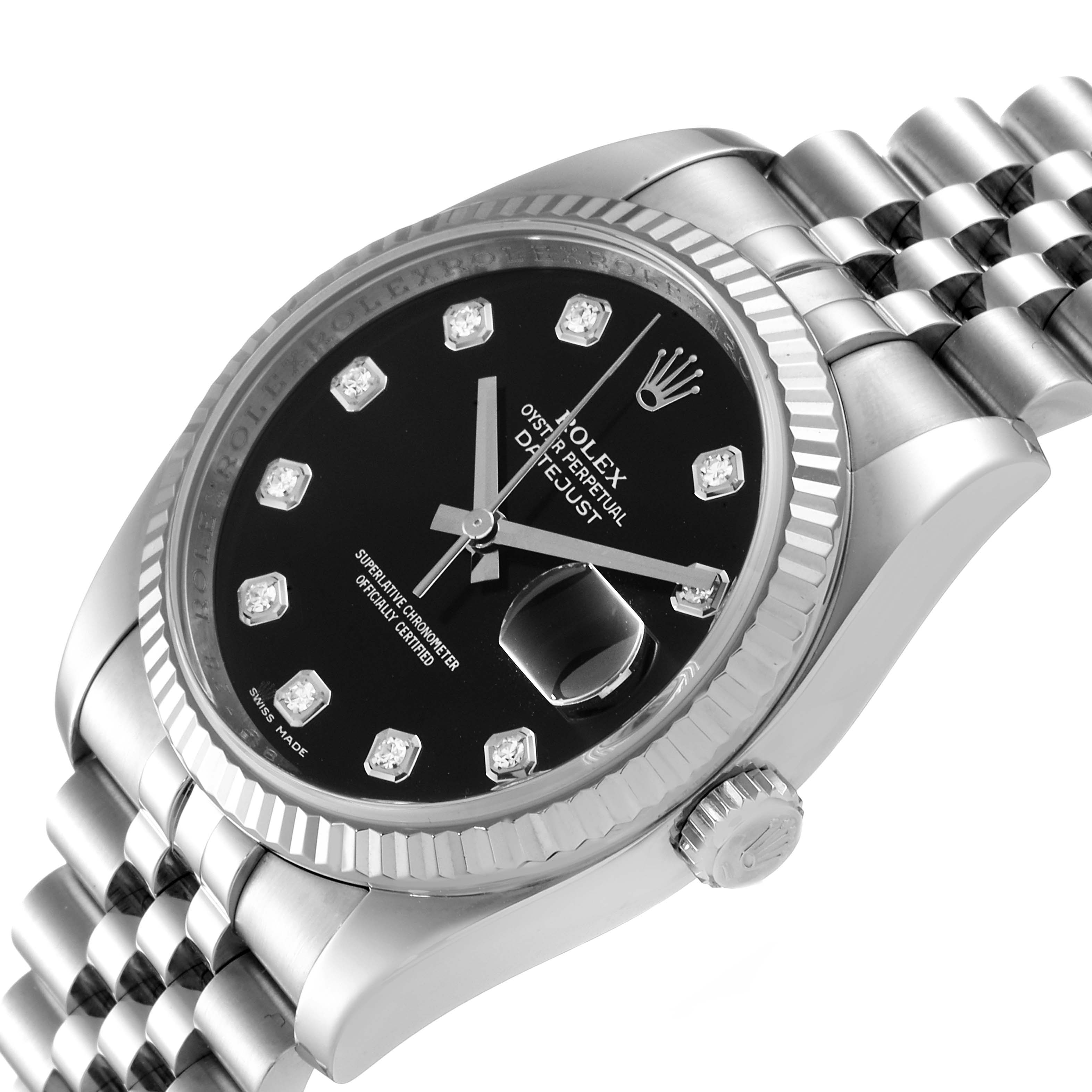 The image shows a close-up, angled view of the Rolex Datejust 116234 Men
s Stainless Steel Black Dial 116234 Men
s Stainless Steel Black Dial watch, highlighting its face, bezel, crown, and bracelet.