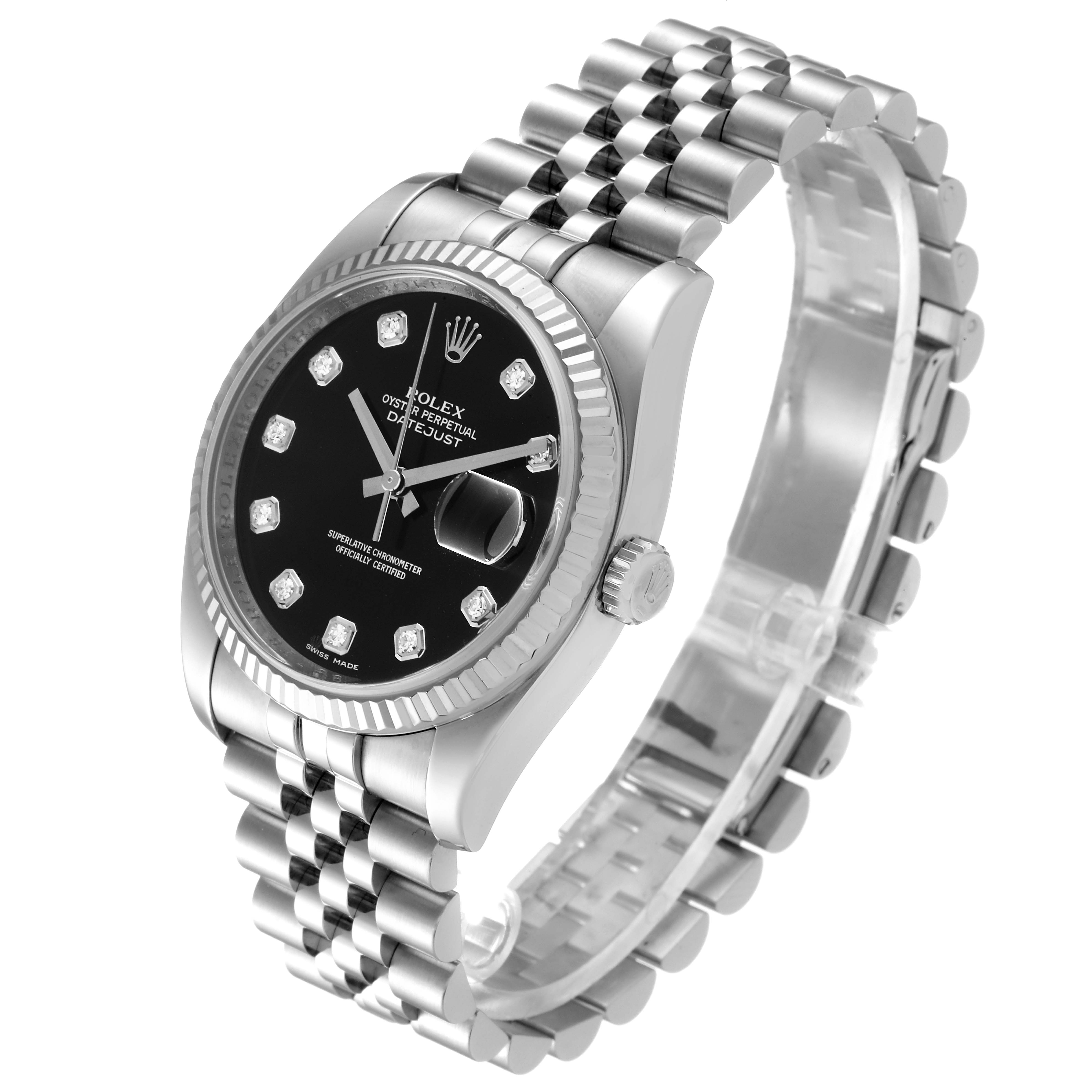 This image shows the Rolex Datejust 116234 Men
s Stainless Steel Black Dial 116234 Men
s Stainless Steel Black Dial watch from an angled perspective, highlighting its face, bezel, crown, and bracelet.
