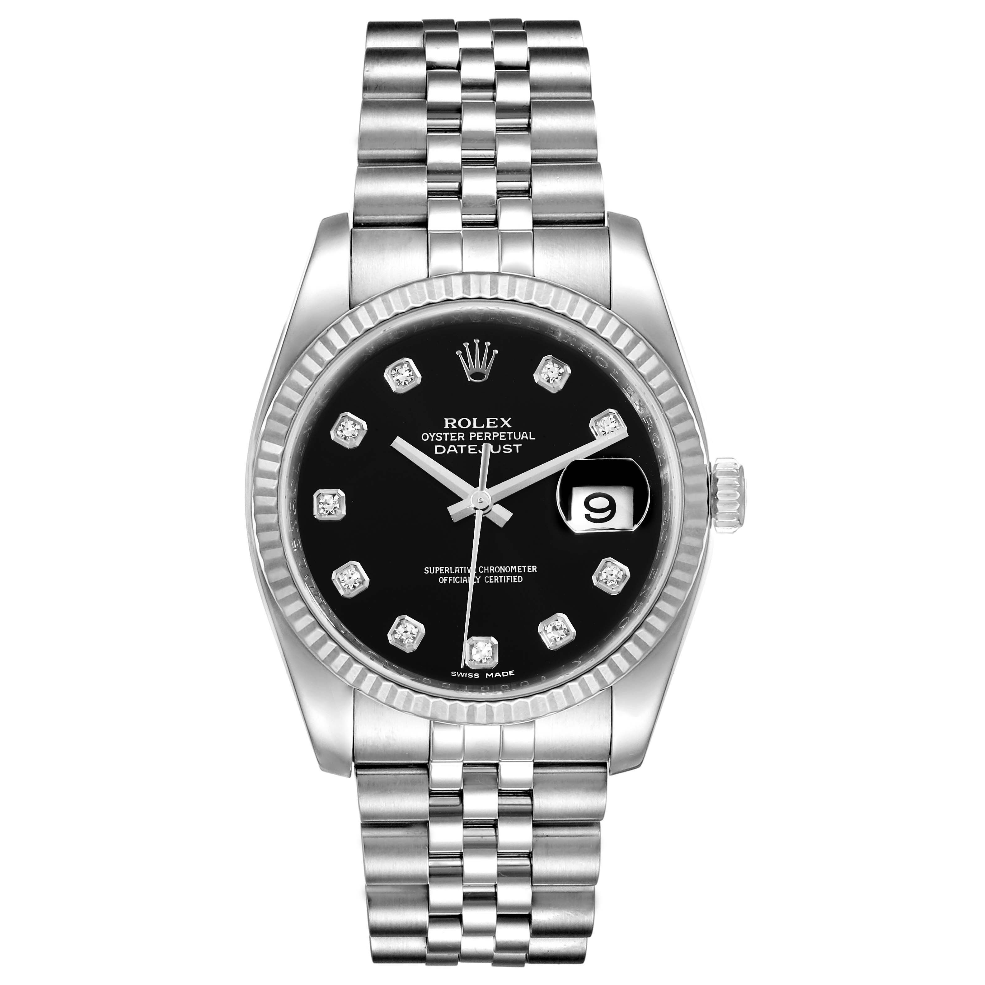 The image shows a Rolex Datejust 116234 Men
s Stainless Steel Black Dial 116234 Men
s Stainless Steel Black Dial watch from the front, highlighting its black dial, Jubilee bracelet, and date window.
