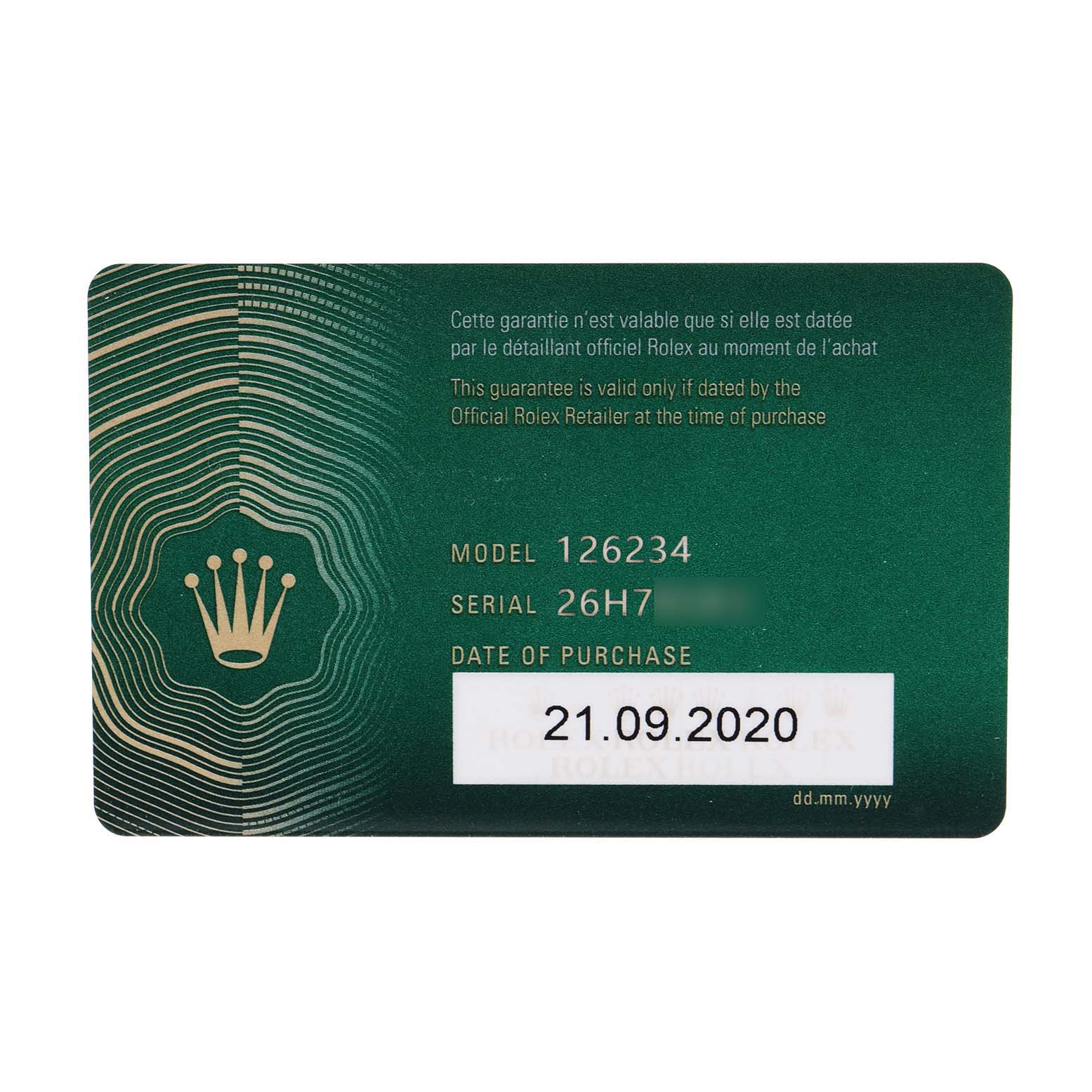 This image shows a warranty card for the Rolex Datejust 126234 Men's Stainless Steel White Dial 126234 Men's Stainless Steel White Dial model 126234, including serial number and purchase date.