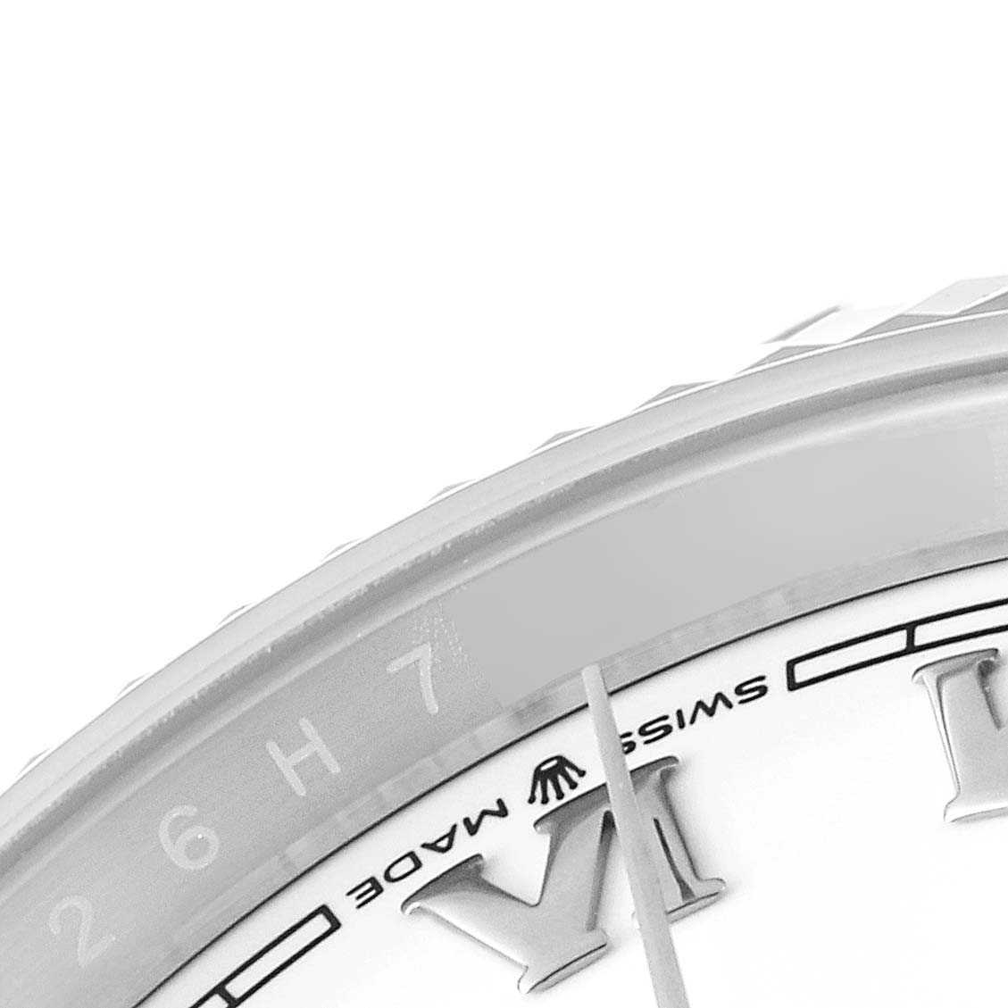 The image shows a close-up of the face and bezel of a Rolex Datejust 126234 Men's Stainless Steel White Dial 126234 Men's Stainless Steel White Dial watch, highlighting the Roman numerals and the "Swiss Made" label.