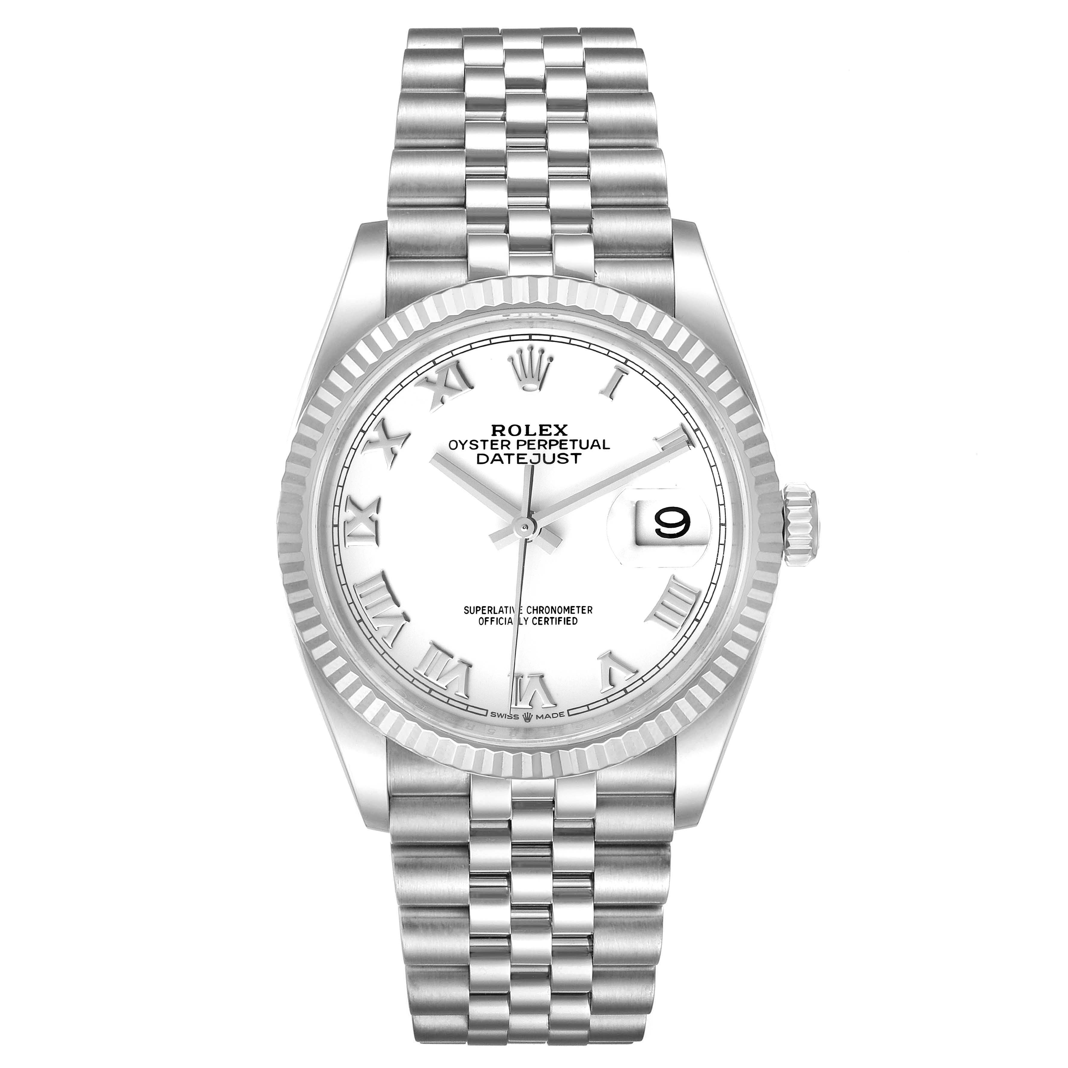 The image shows a front view of a Rolex Datejust 126234 Men's Stainless Steel White Dial 126234 Men's Stainless Steel White Dial watch, displaying the dial, bezel, and bracelet.