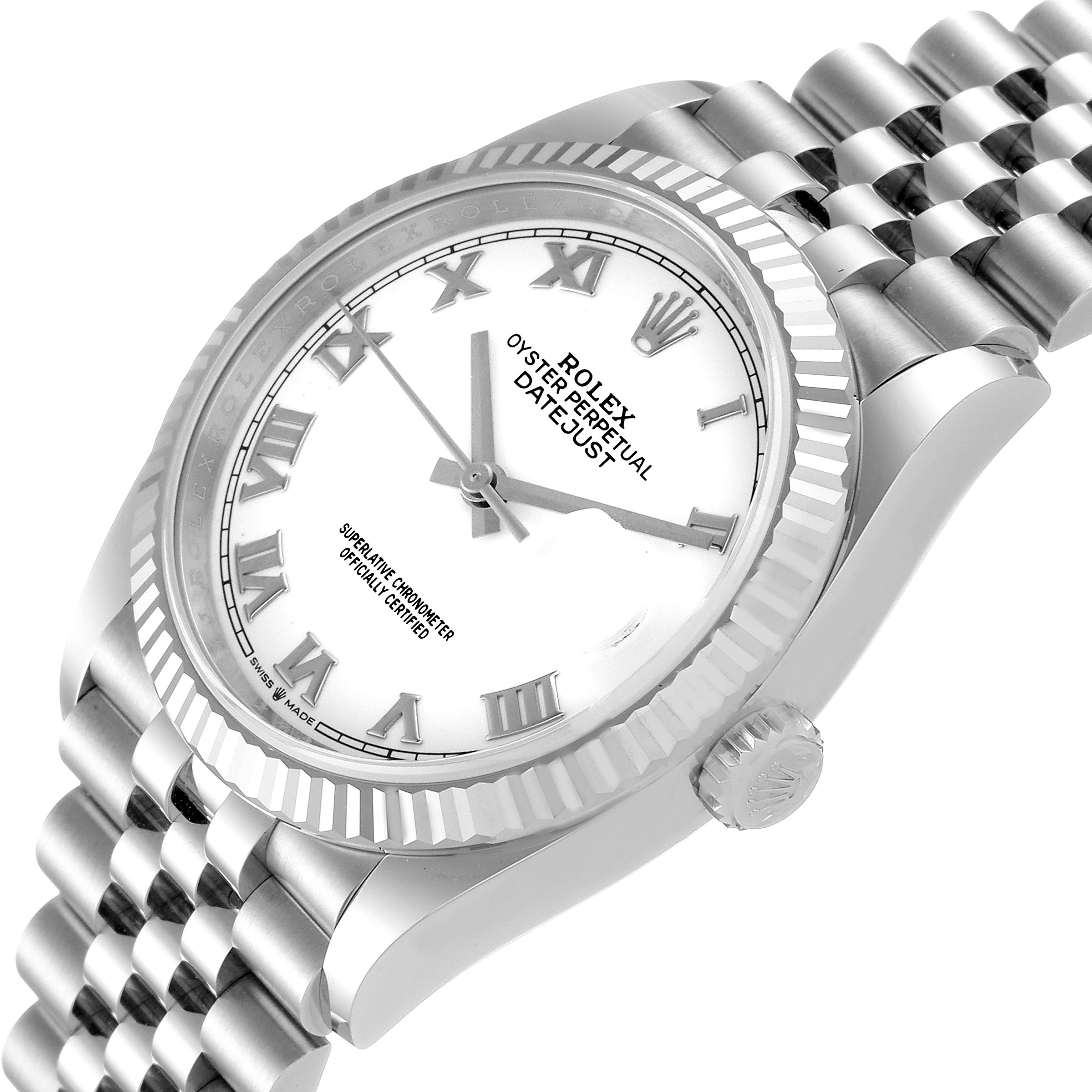The image shows a side angle of the Rolex Datejust 126234 Men's Stainless Steel White Dial 126234 Men's Stainless Steel White Dial watch, highlighting its face, fluted bezel, bracelet, and crown.