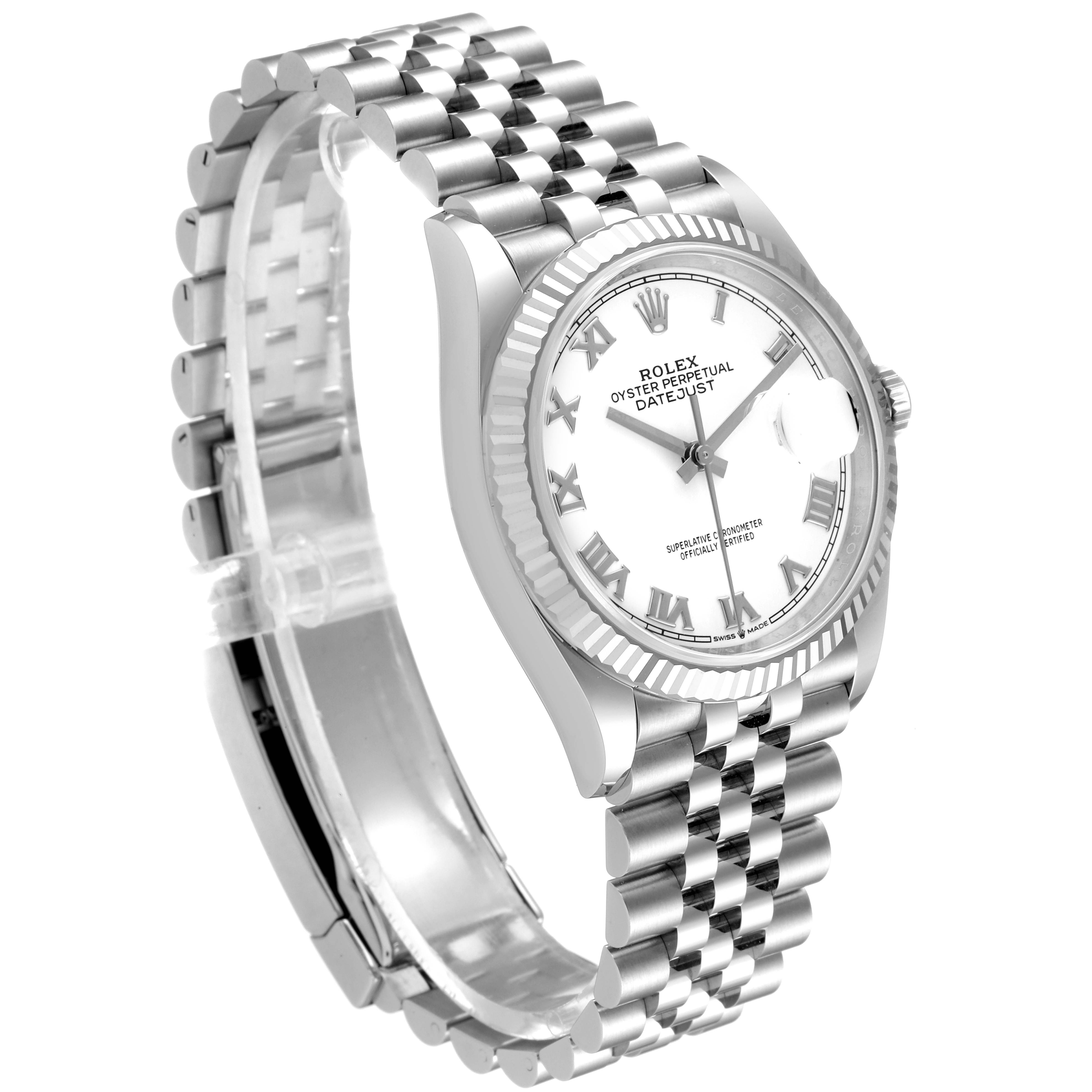 The image shows a Rolex Datejust 126234 Men's Stainless Steel White Dial 126234 Men's Stainless Steel White Dial watch at a three-quarter angle, focusing on its face and bracelet.