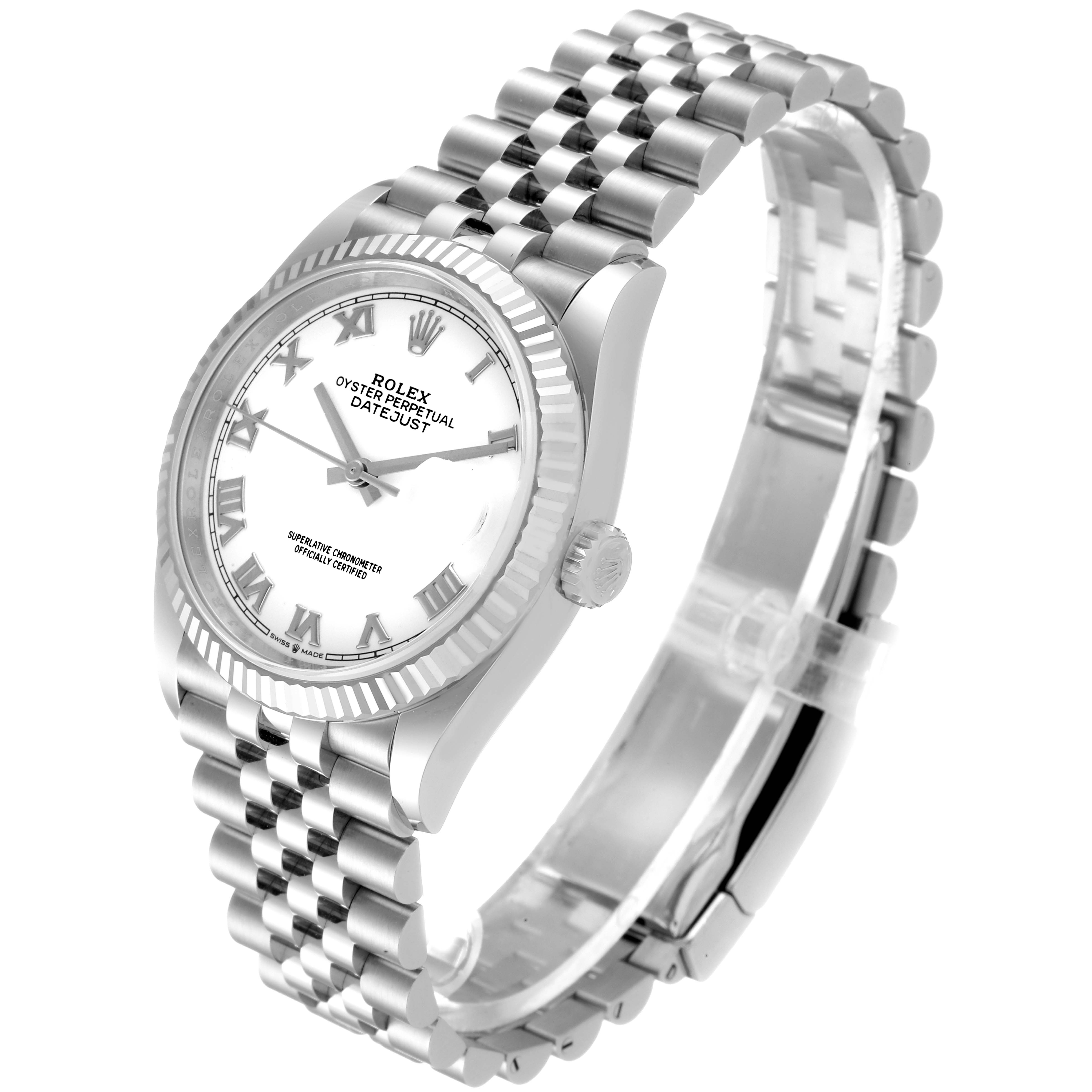 This image shows a side angle of the Rolex Datejust 126234 Men's Stainless Steel White Dial 126234 Men's Stainless Steel White Dial watch, highlighting the case, dial, crown, and Jubilee bracelet.