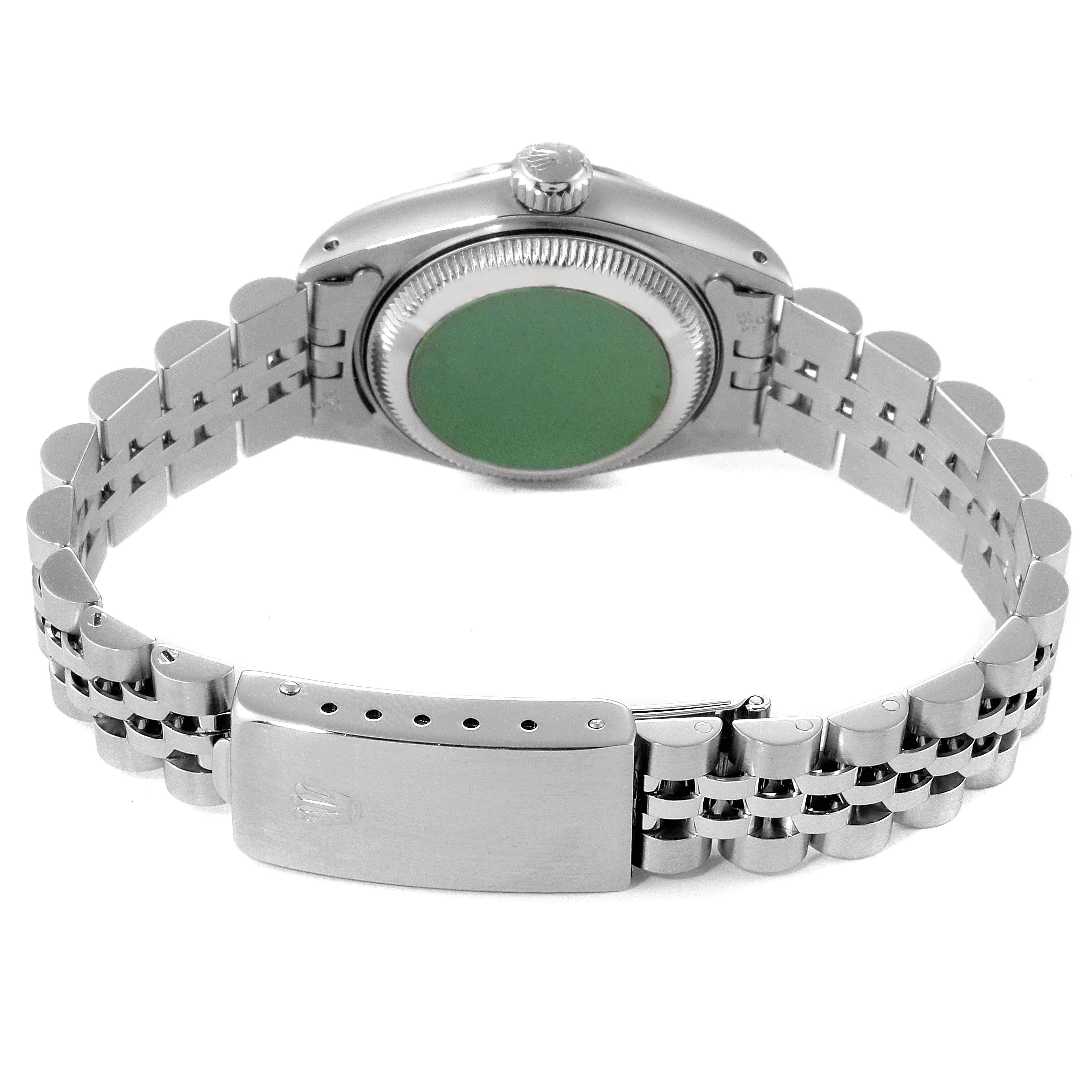 The image shows the backside and bracelet of a Rolex Datejust 69174 Women's Stainless Steel Silver Dial 69174 Women's Stainless Steel Silver Dial watch, focusing on the bracelet's clasp and case back.