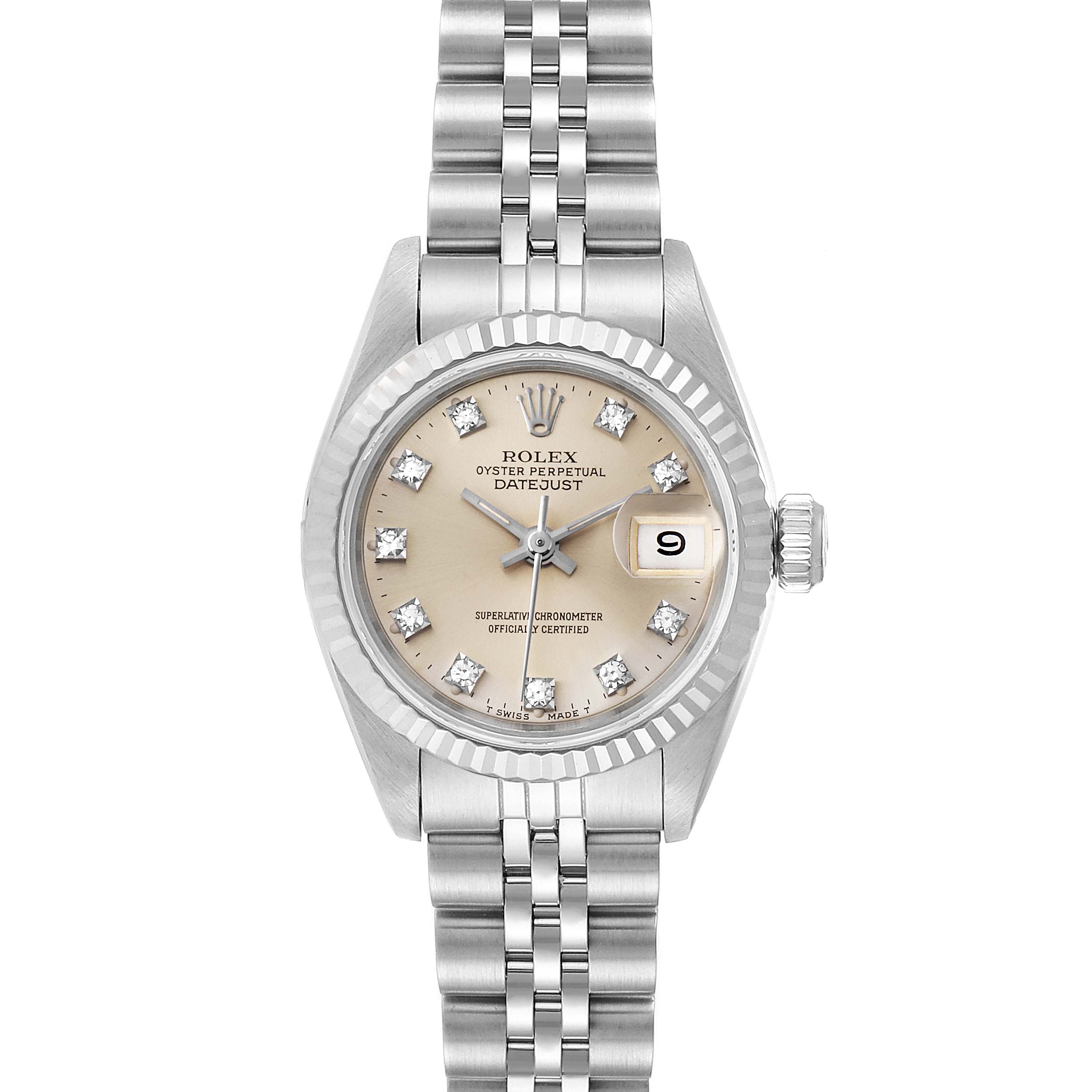 The image shows a frontal view of a Rolex Datejust 69174 Women's Stainless Steel Silver Dial 69174 Women's Stainless Steel Silver Dial watch with a silver bracelet and a beige dial with date display.