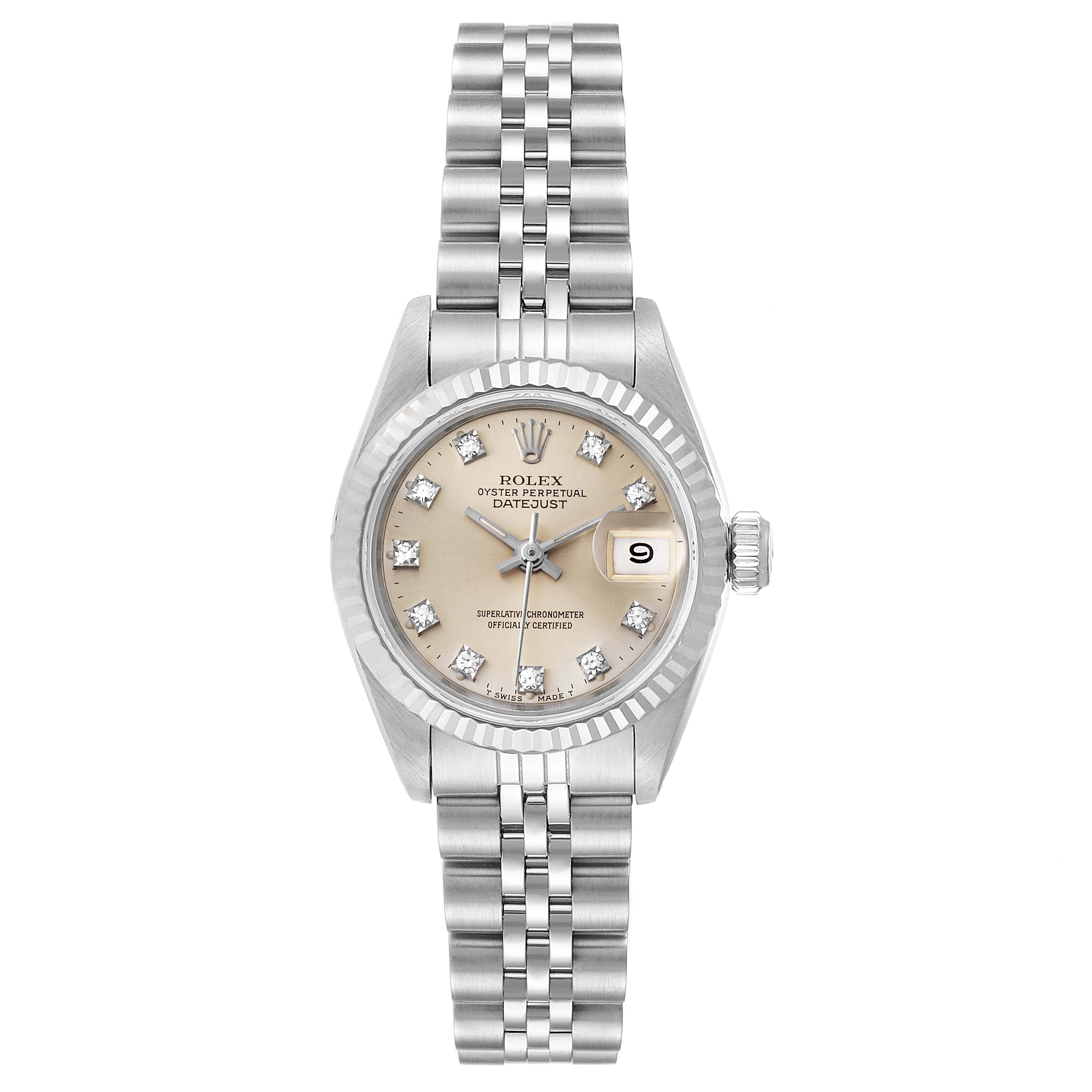 This image shows a front view of a Rolex Datejust 69174 Women's Stainless Steel Silver Dial 69174 Women's Stainless Steel Silver Dial watch featuring its dial, bezel, and bracelet.