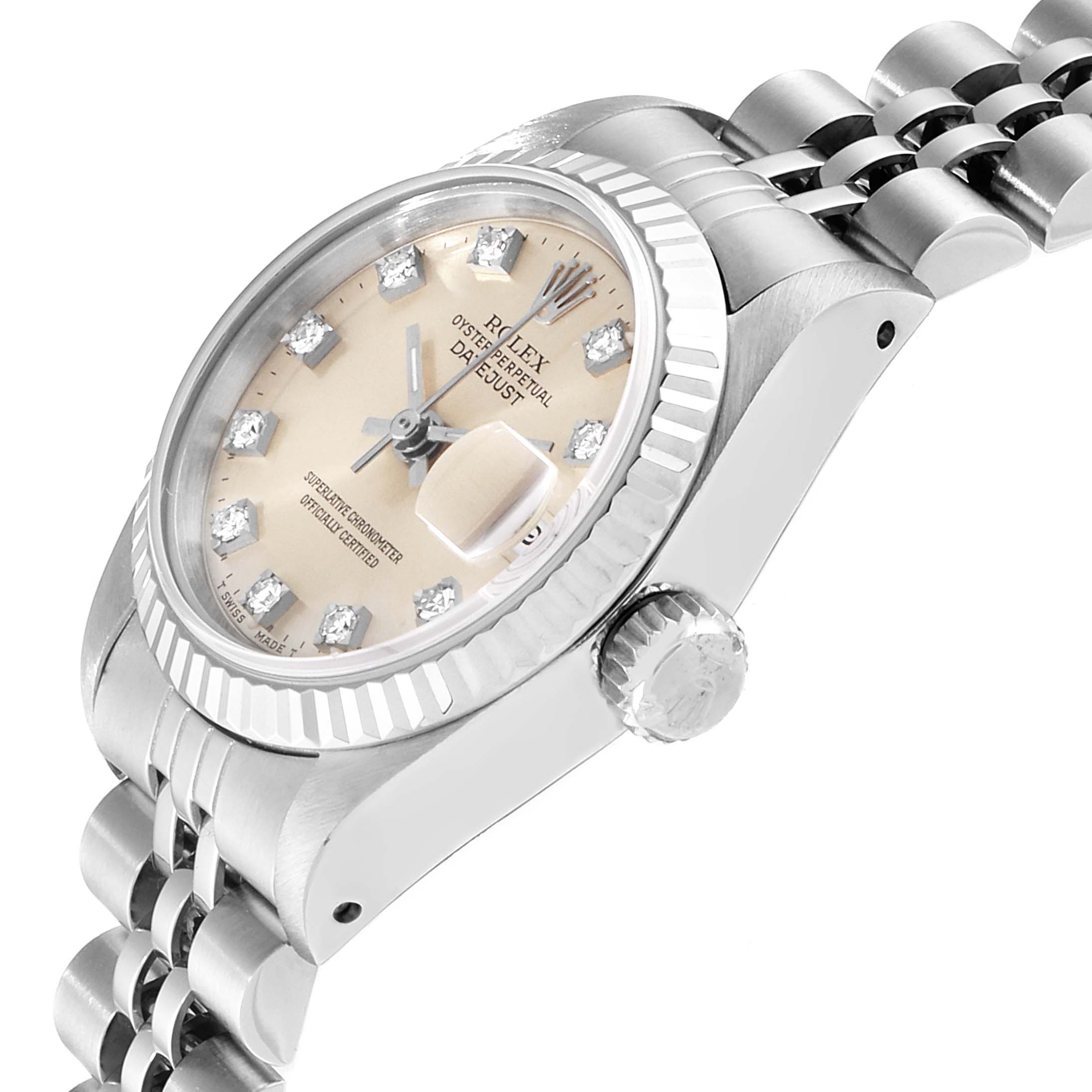 The image shows a side view of a Rolex Datejust 69174 Women's Stainless Steel Silver Dial 69174 Women's Stainless Steel Silver Dial, highlighting the bezel, crown, bracelet, and part of the dial with diamond markers.