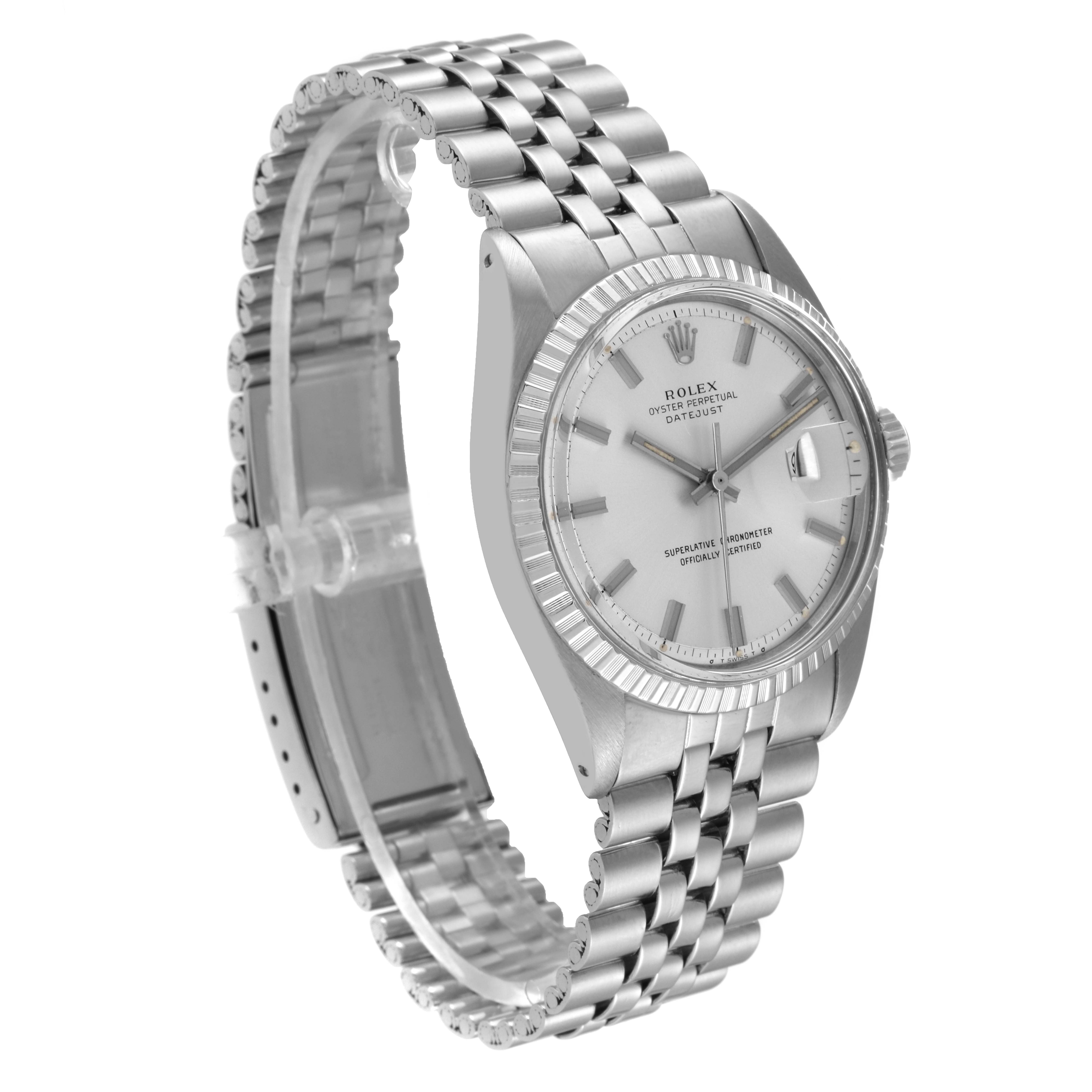 This image shows a side angle of the Rolex Datejust 1601 Men's Stainless Steel Silver Dial 1601 Men's Stainless Steel Silver Dial watch, highlighting its bracelet and dial.