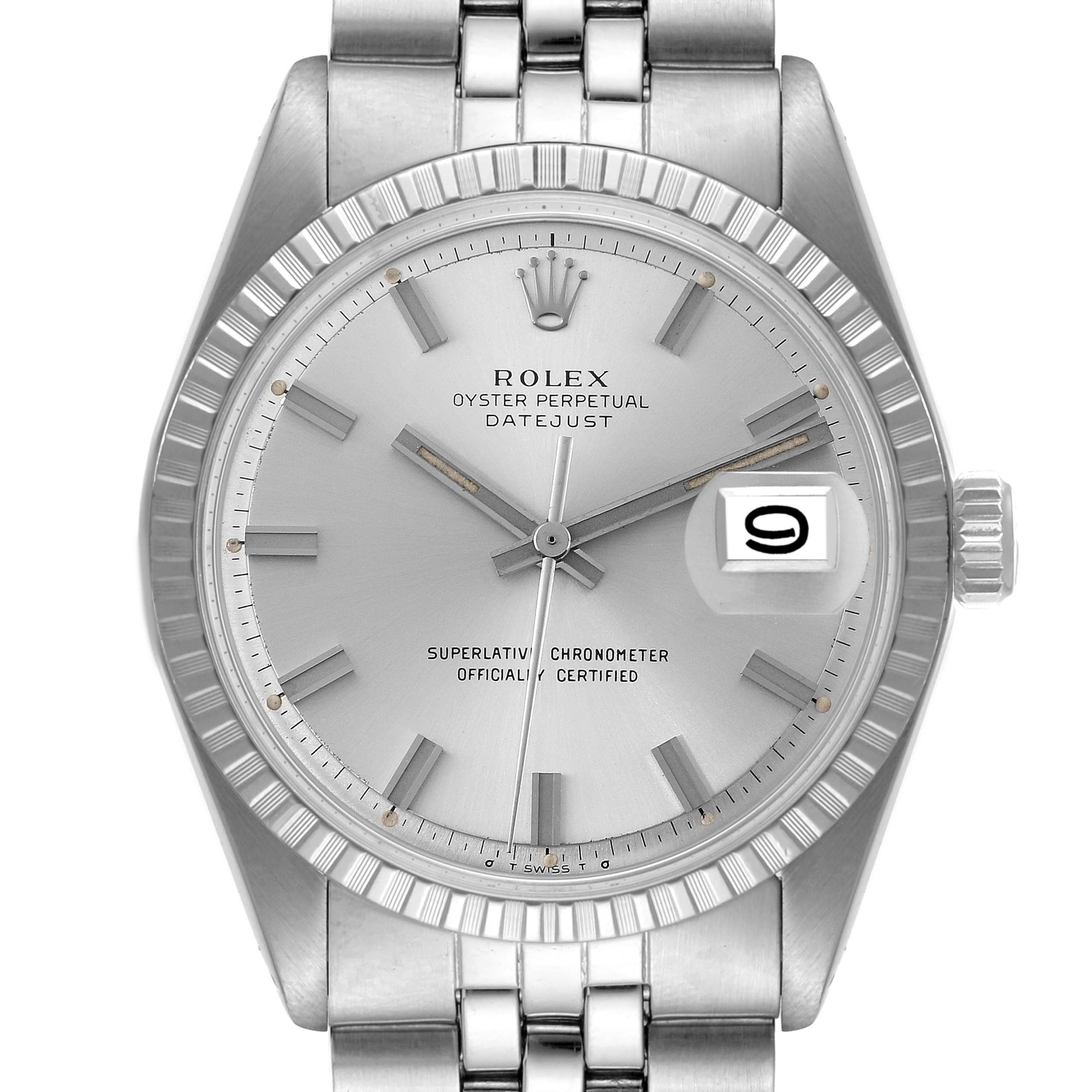 This image shows a Rolex Datejust 1601 Men's Stainless Steel Silver Dial 1601 Men's Stainless Steel Silver Dial model taken from a front angle, highlighting the dial, bezel, crown, and part of the bracelet.