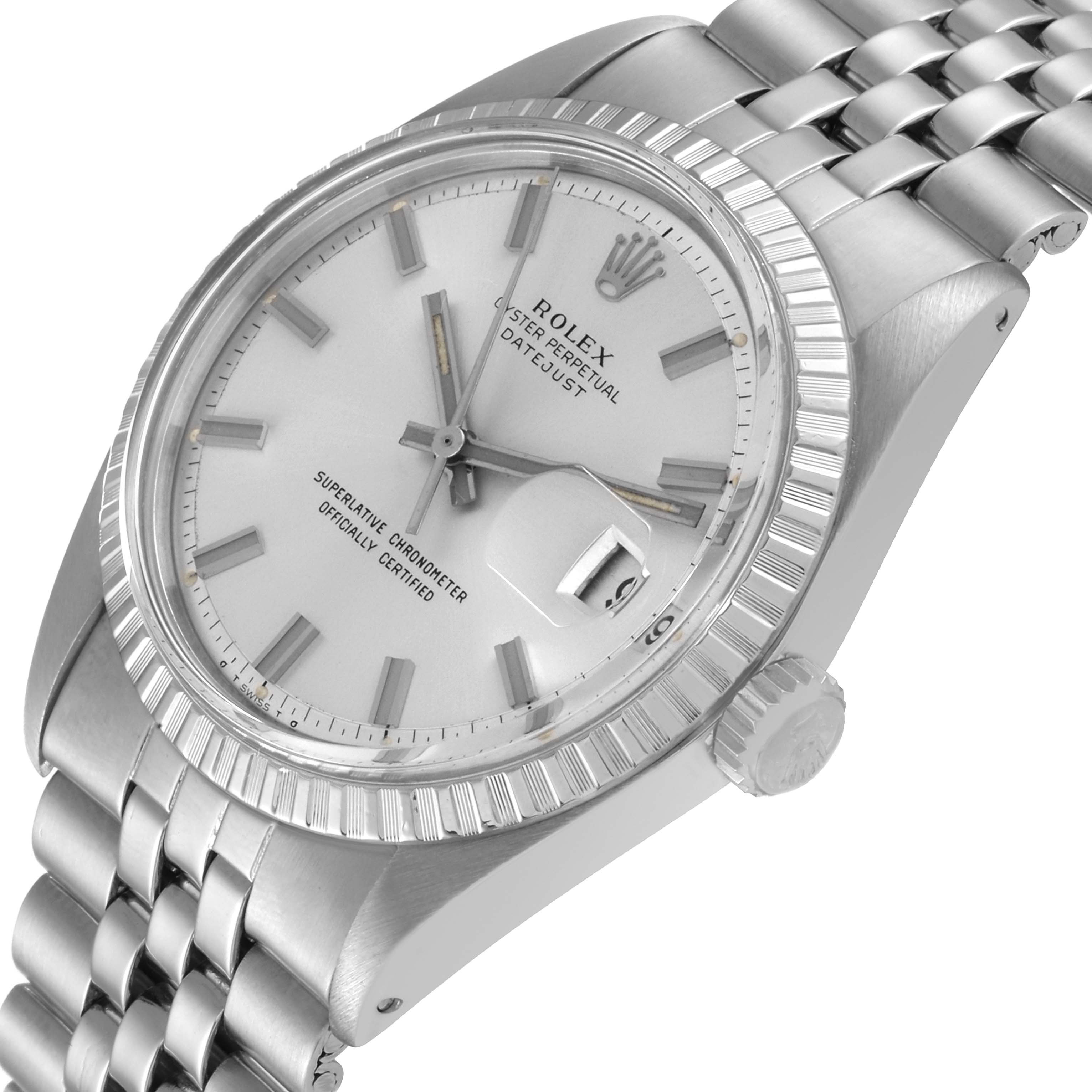The image shows a close-up angled view of a Rolex Datejust 1601 Men's Stainless Steel Silver Dial 1601 Men's Stainless Steel Silver Dial watch, highlighting its dial, fluted bezel, and Jubilee bracelet.