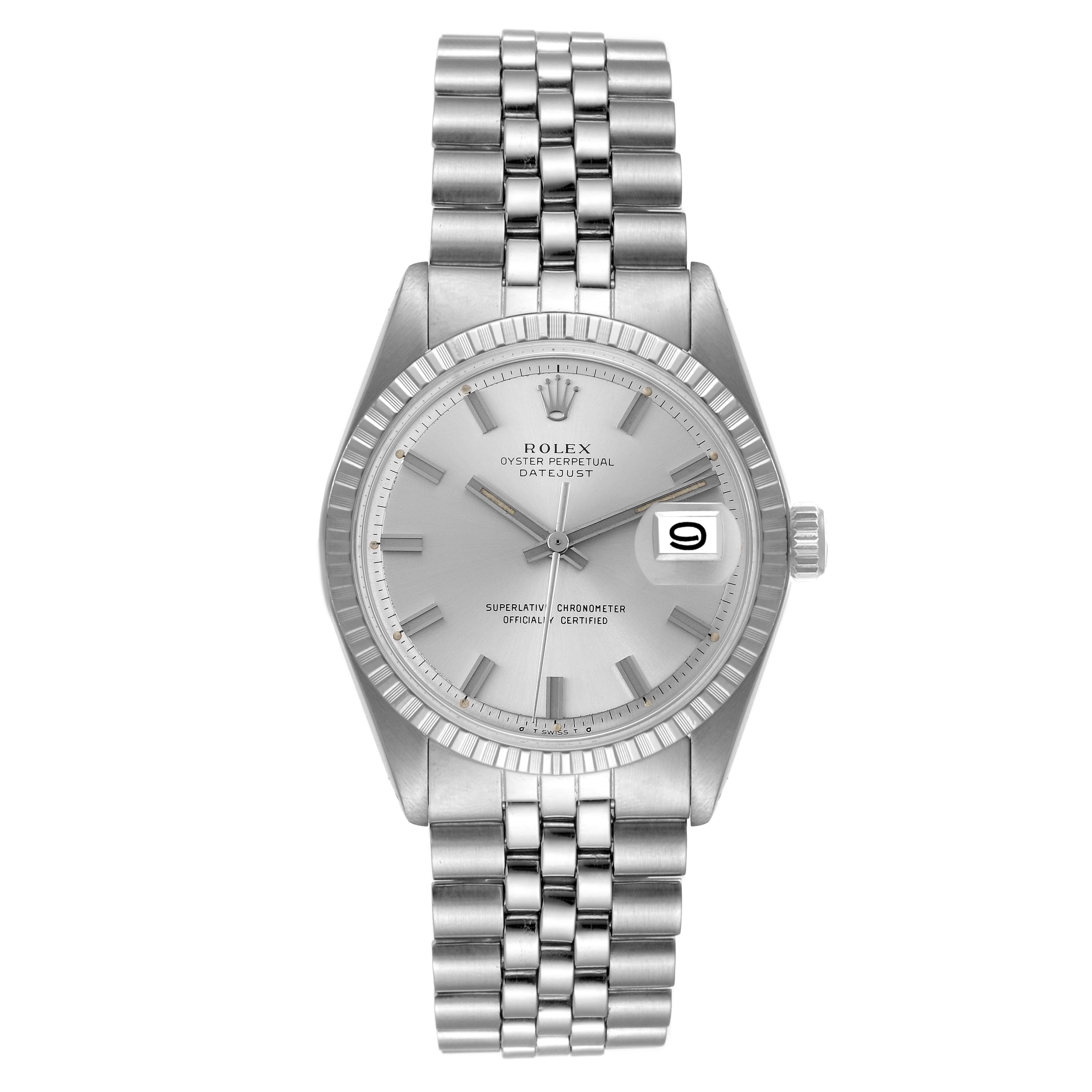 The image shows a front view of a Rolex Datejust 1601 Men's Stainless Steel Silver Dial 1601 Men's Stainless Steel Silver Dial watch, displaying its face, hands, bracelet, and date window.