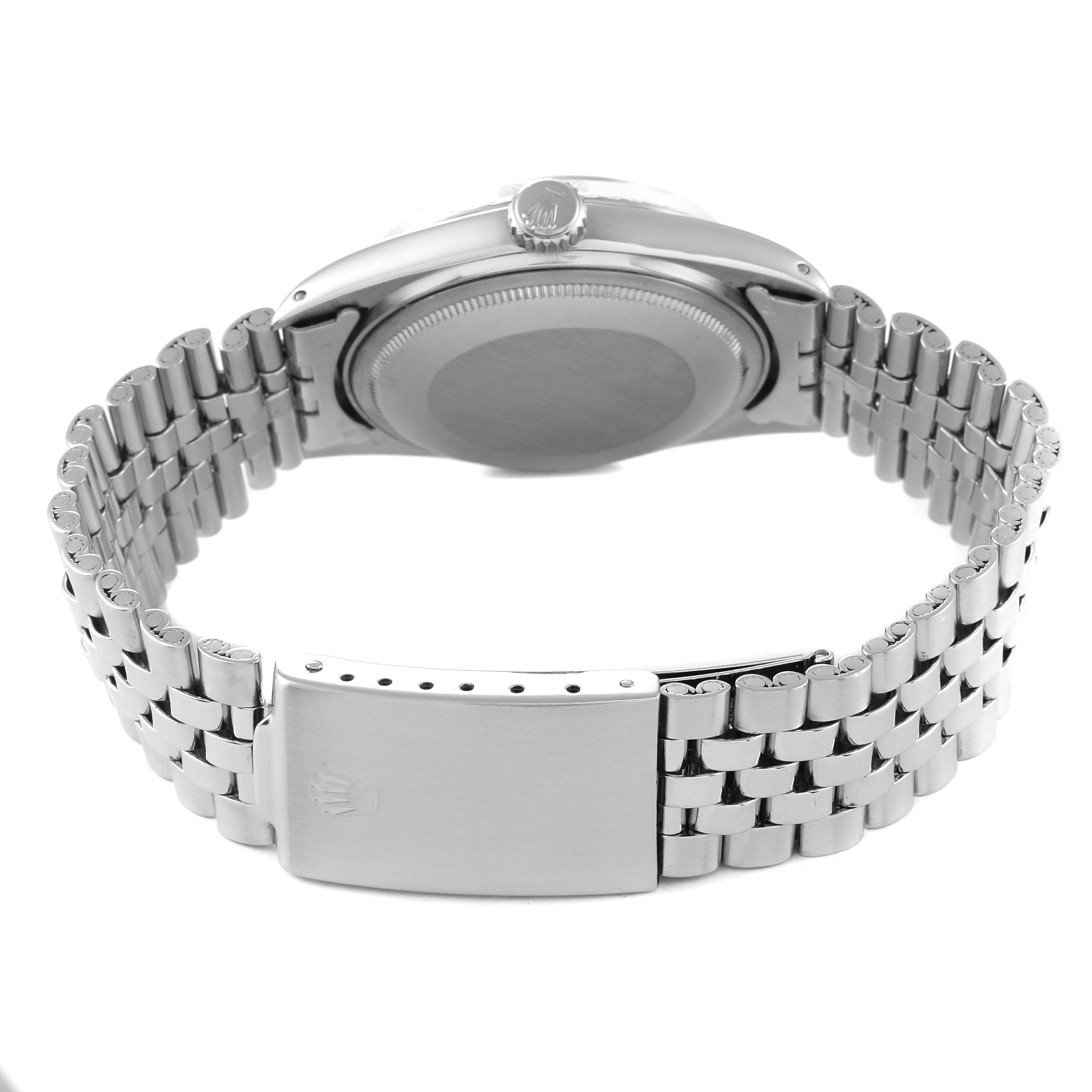 The image shows the back view of a Rolex Datejust 1601 Men's Stainless Steel Silver Dial 1601 Men's Stainless Steel Silver Dial watch, focusing on the case back and Jubilee bracelet with the clasp.