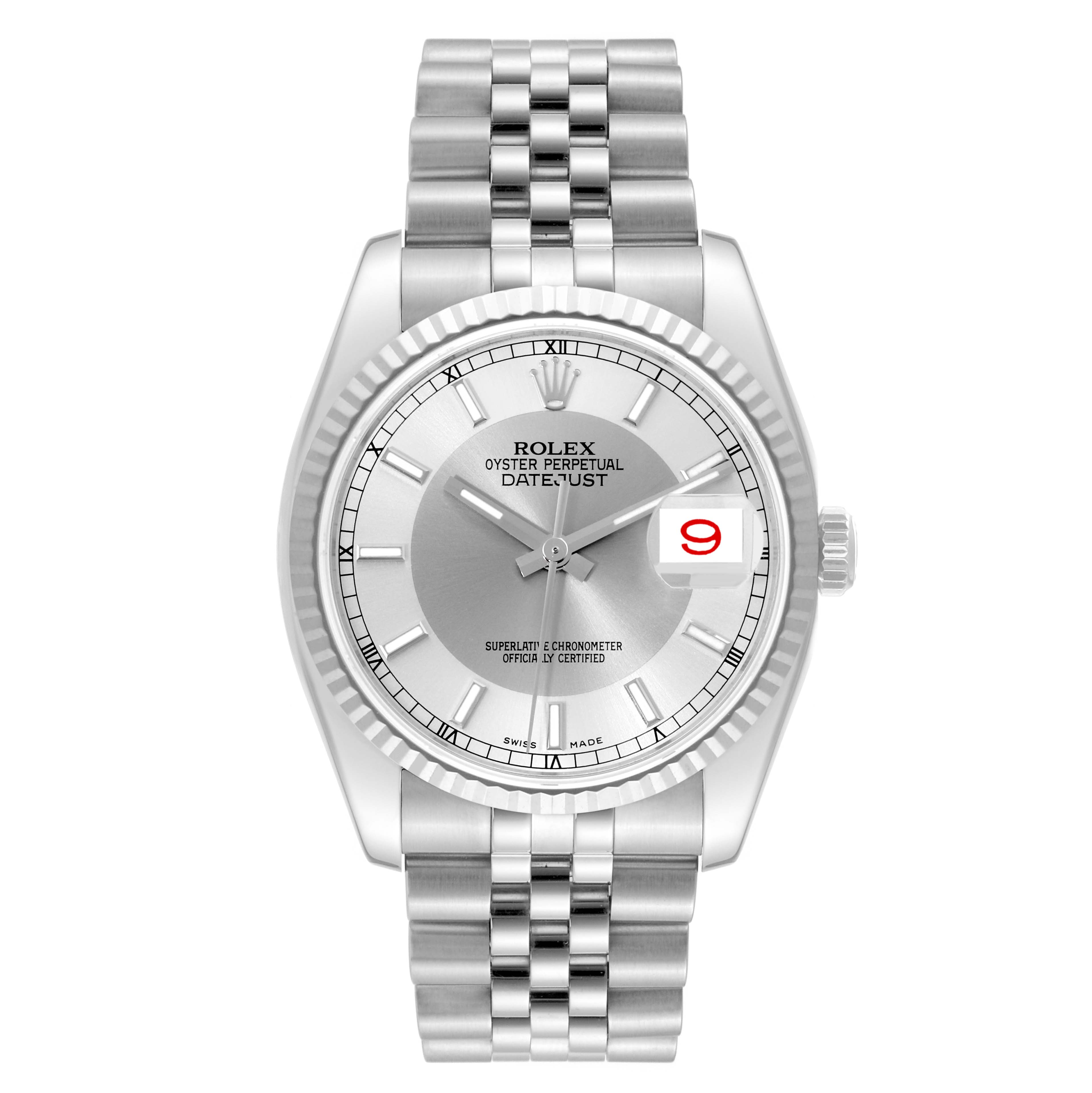 The image shows a Rolex Datejust 116234 Men's Stainless Steel Silver Dial 116234 Men's Stainless Steel Silver Dial watch from a front angle, highlighting its dial, fluted bezel, and Jubilee bracelet.