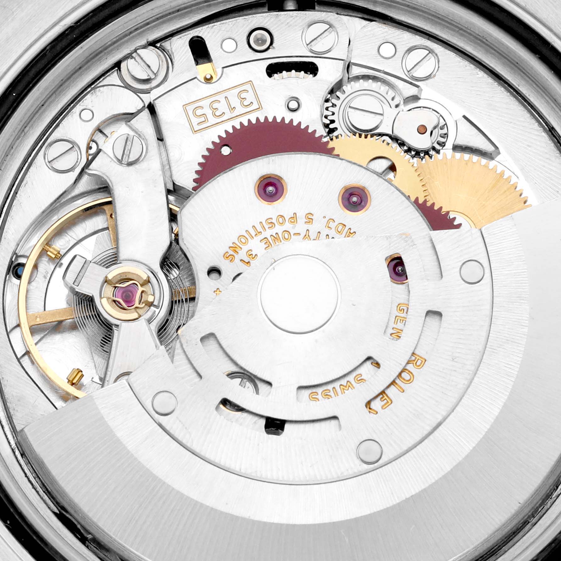 The image shows the inner mechanical movement of a Rolex Datejust 116234 Men's Stainless Steel Silver Dial 116234 Men's Stainless Steel Silver Dial watch from a top-down angle.