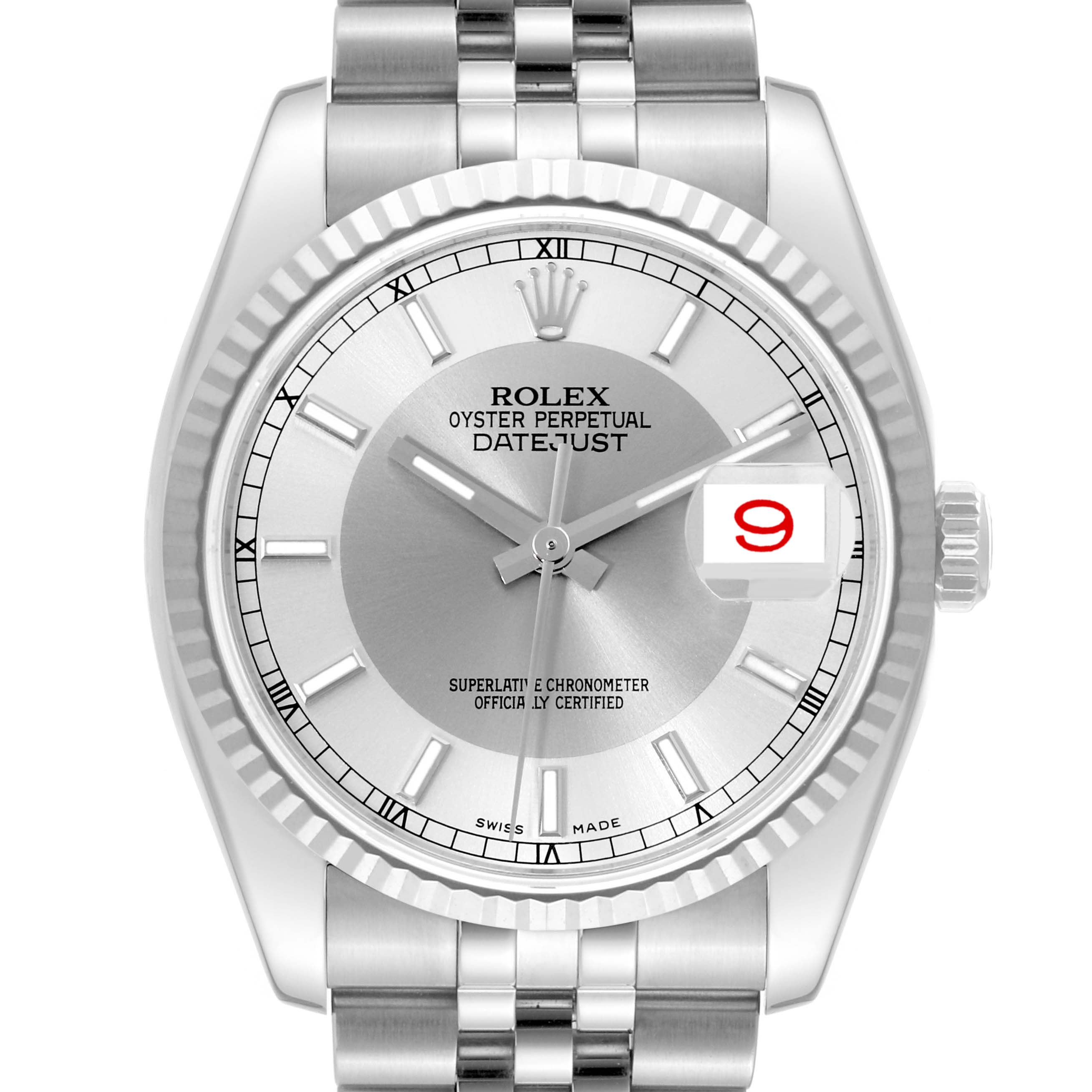 This image shows a Rolex Datejust 116234 Men's Stainless Steel Silver Dial 116234 Men's Stainless Steel Silver Dial watch from the front, highlighting the face, dial, bezel, and part of the bracelet.