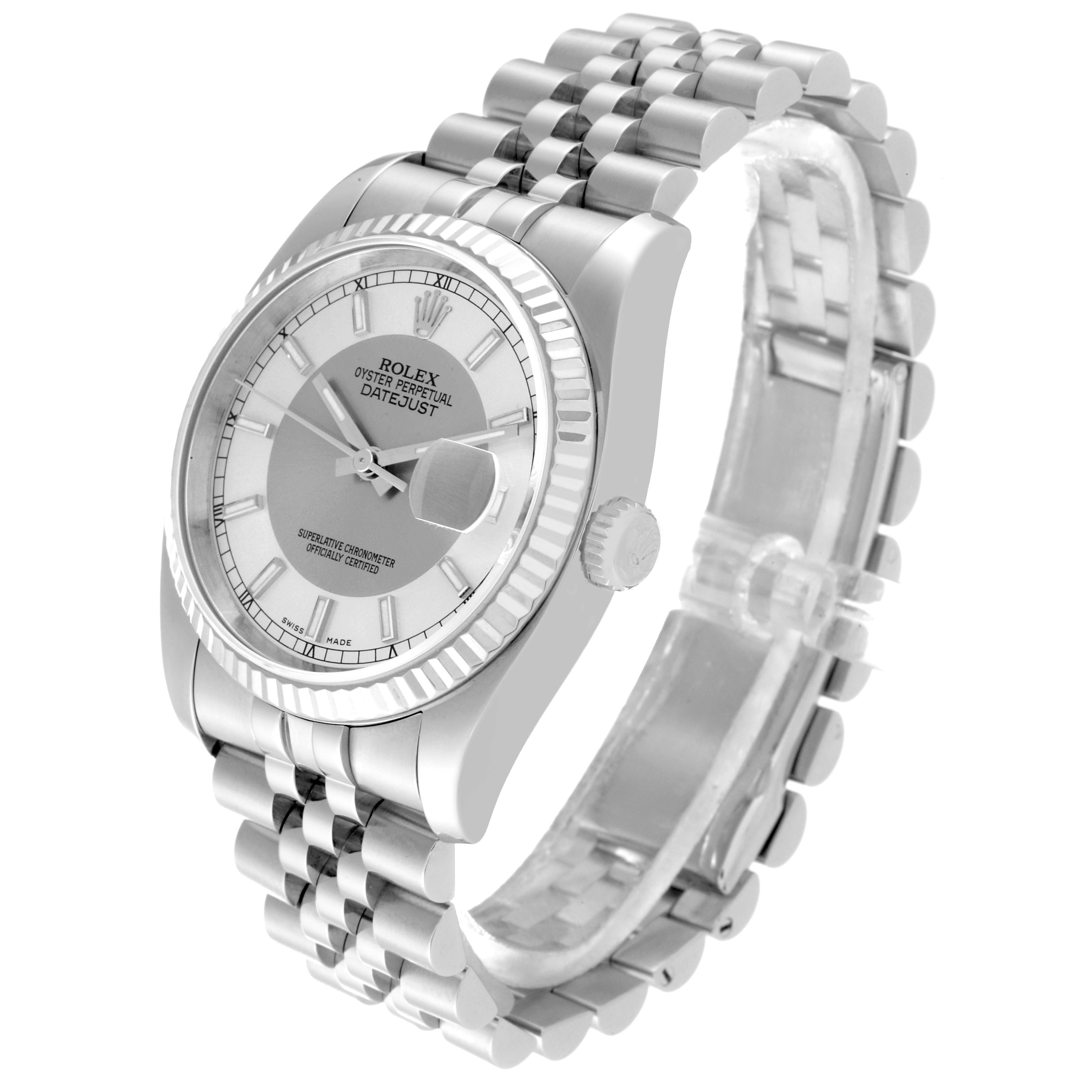 The Rolex Datejust 116234 Men's Stainless Steel Silver Dial 116234 Men's Stainless Steel Silver Dial watch is shown at an angled view highlighting its dial, crown, case, and Jubilee bracelet.