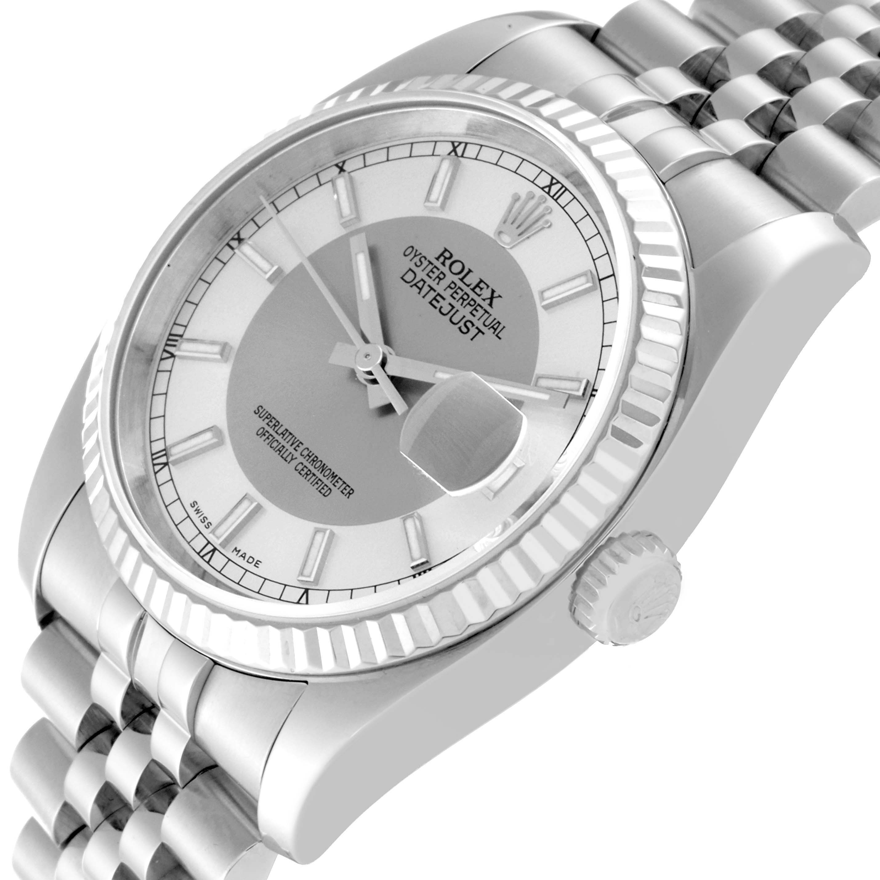 The image shows a close-up angle of the Rolex Datejust 116234 Men's Stainless Steel Silver Dial 116234 Men's Stainless Steel Silver Dial watch, highlighting the dial, bezel, and part of the bracelet.