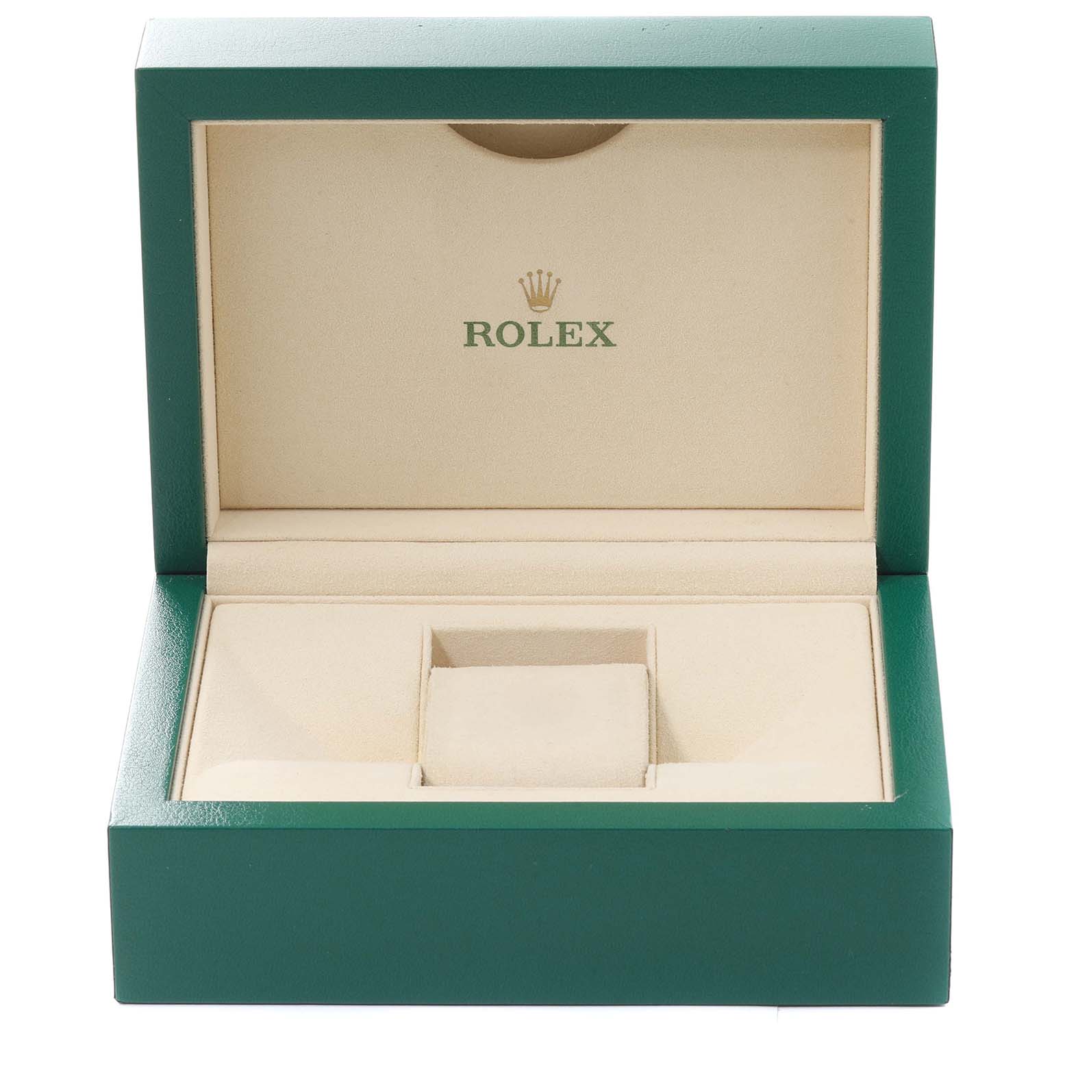 The image shows an open Rolex watch box for the Datejust model, with an empty green and beige interior compartment.