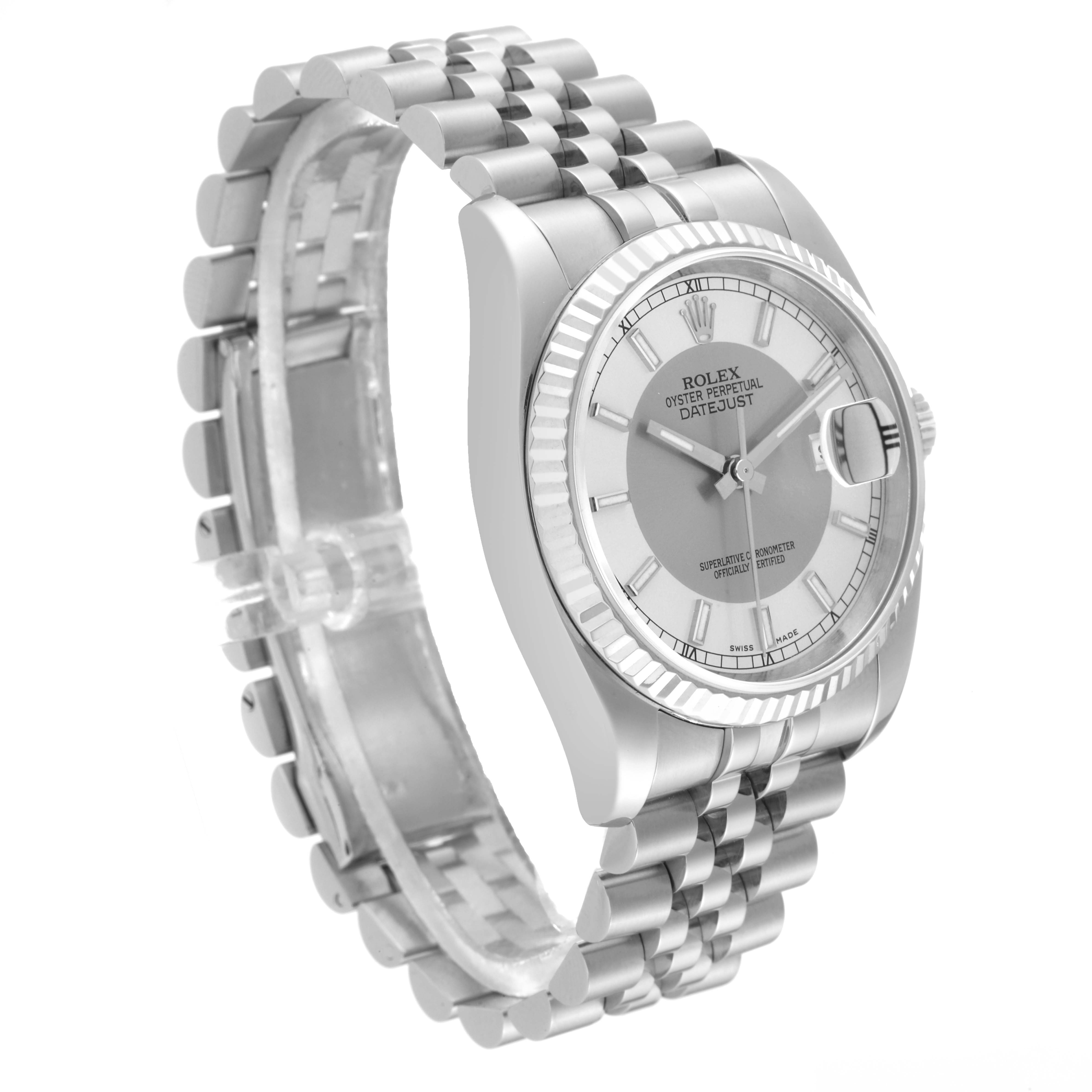 This is a Rolex Datejust 116234 Men's Stainless Steel Silver Dial 116234 Men's Stainless Steel Silver Dial watch shown at a left-side angle, highlighting the case, dial, bezel, and bracelet.