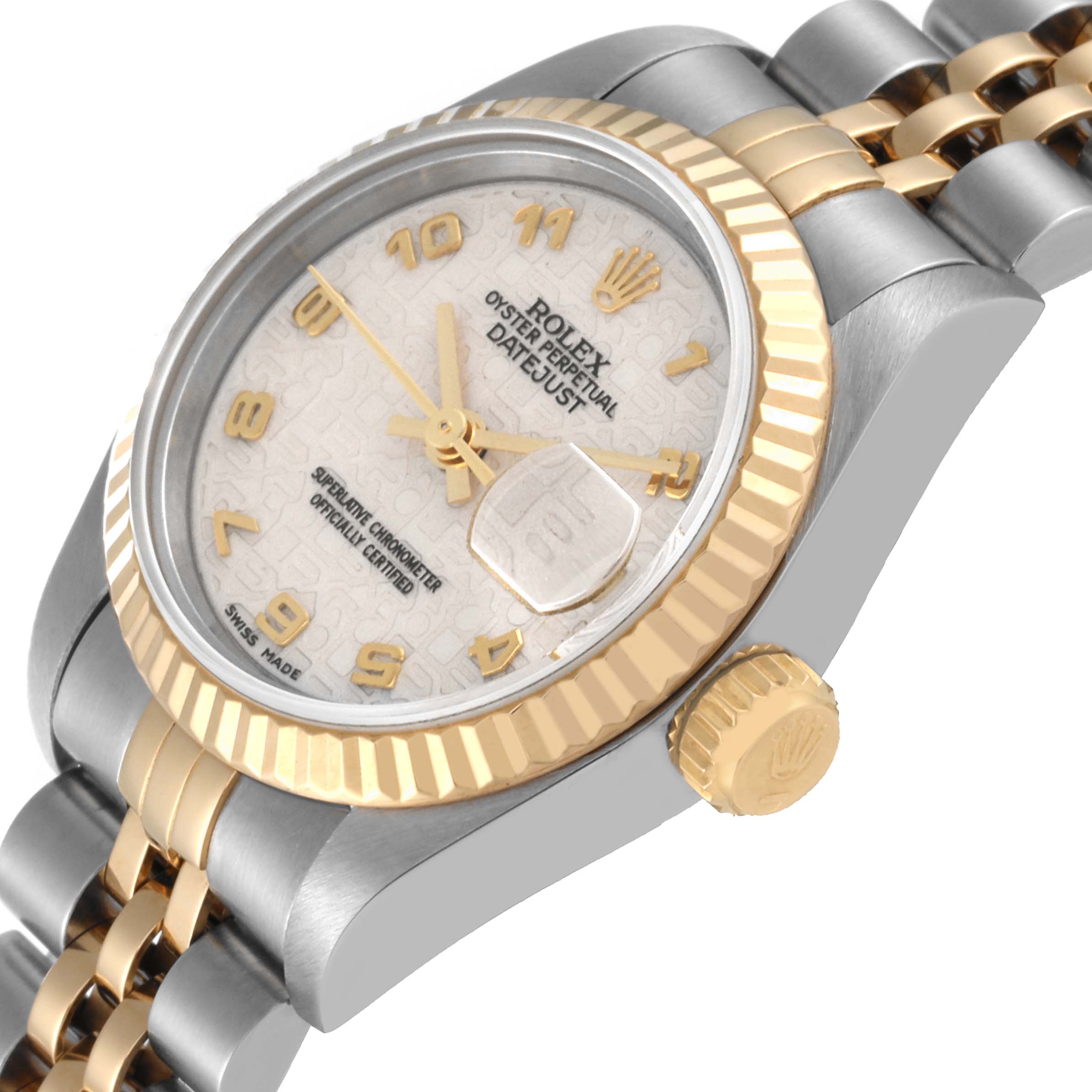 The image shows a side view of a Rolex Datejust 69173 Women's Steel and Gold (two tone) Beige Dial 69173 Women's Steel and Gold (two tone) Beige Dial watch, highlighting the dial, crown, bezel, and part of the bracelet.