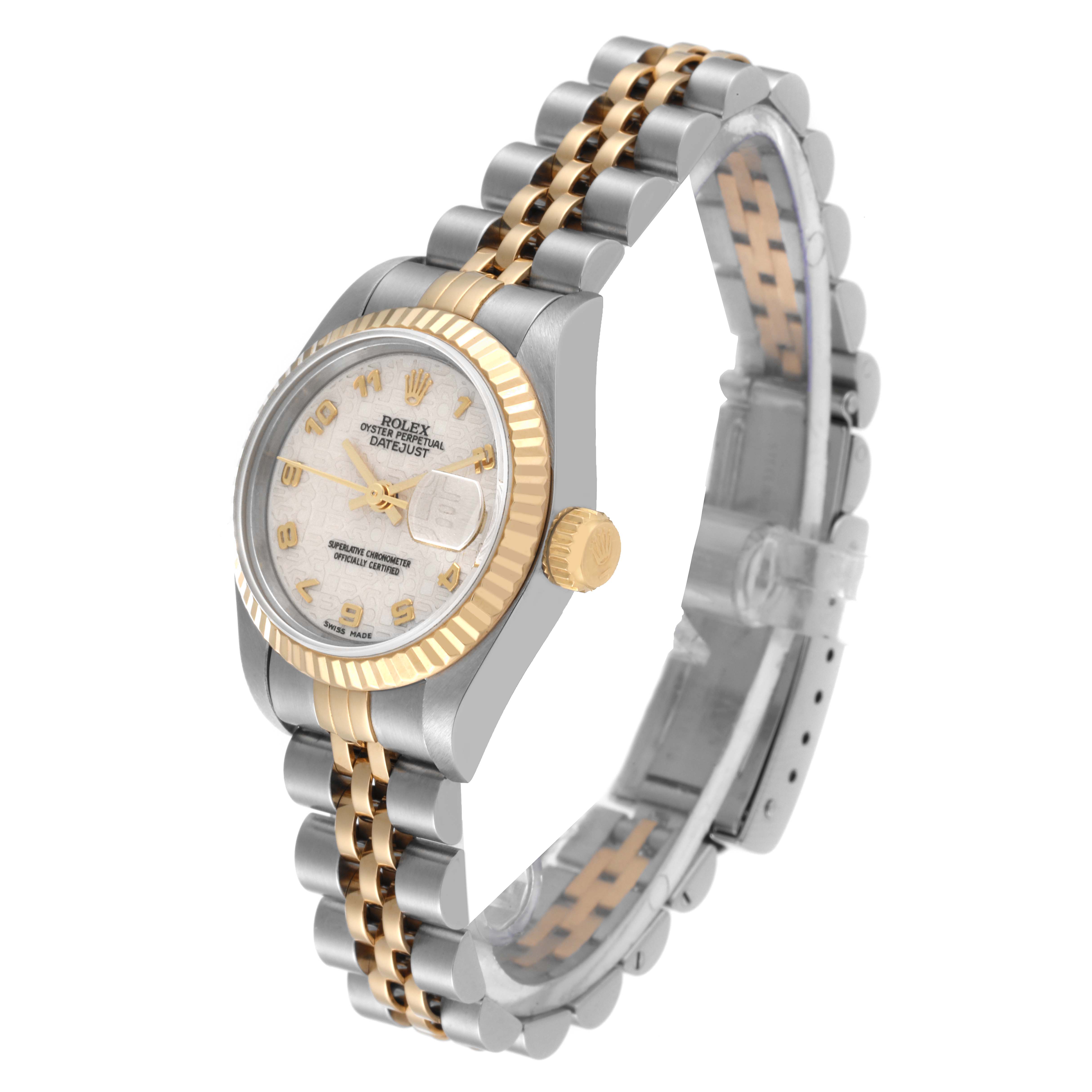 This image shows a side angle of a Rolex Datejust 69173 Women's Steel and Gold (two tone) Beige Dial 69173 Women's Steel and Gold (two tone) Beige Dial watch, highlighting the dial, fluted bezel, crown, and Jubilee bracelet.