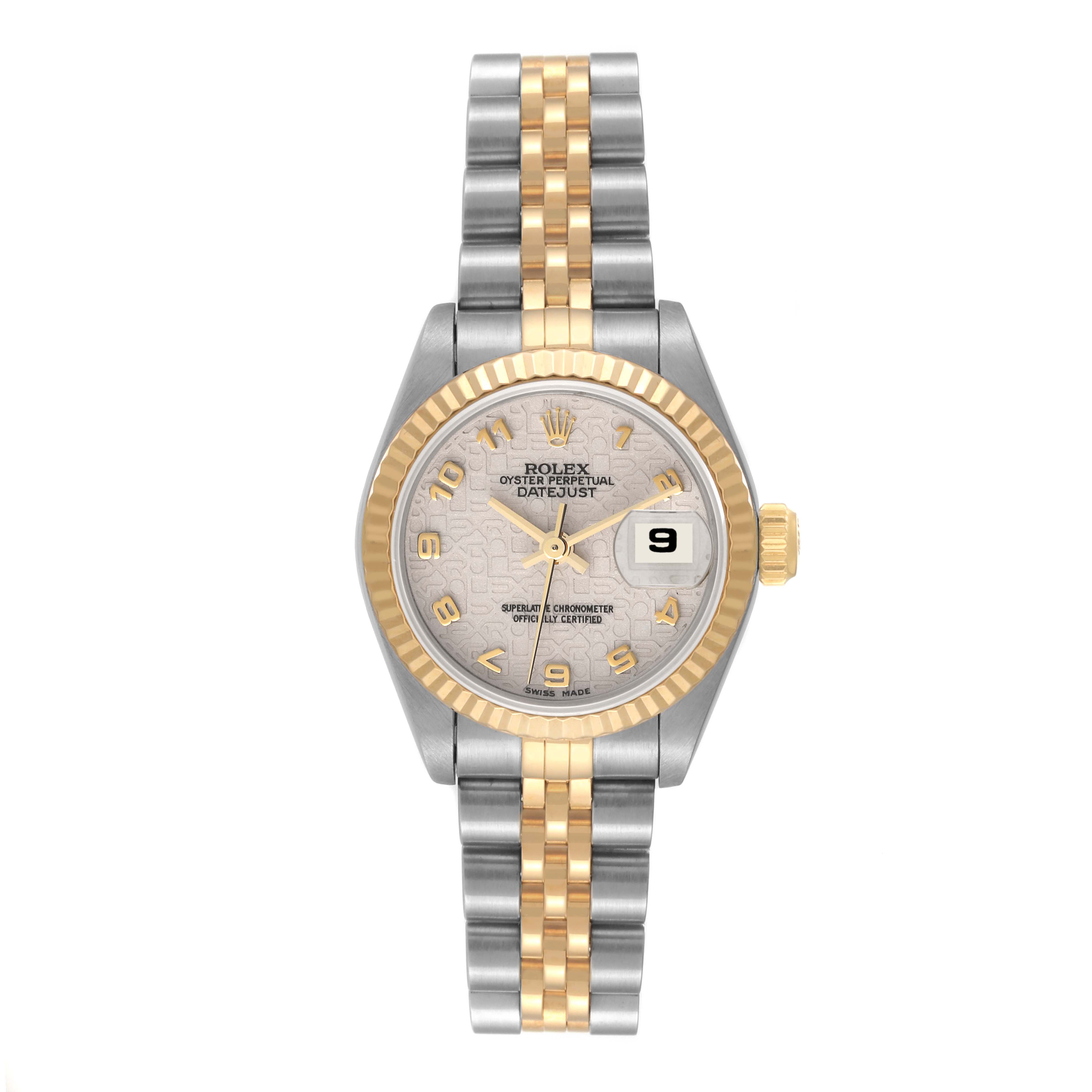 The Rolex Datejust 69173 Women's Steel and Gold (two tone) Beige Dial 69173 Women's Steel and Gold (two tone) Beige Dial model is shown from a top-down angle featuring its face, bezel, and two-tone bracelet.