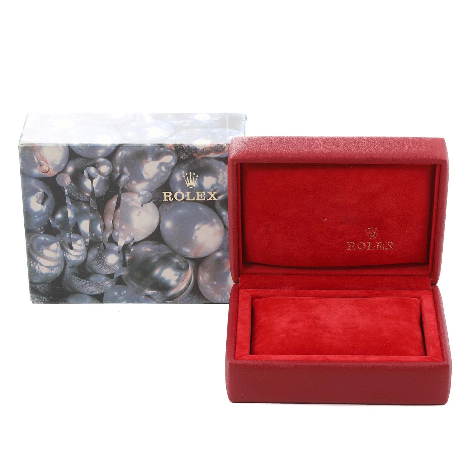 This image shows a red velvet Rolex Datejust 69173 Women's Steel and Gold (two tone) Beige Dial 69173 Women's Steel and Gold (two tone) Beige Dial watch box and its outer packaging.