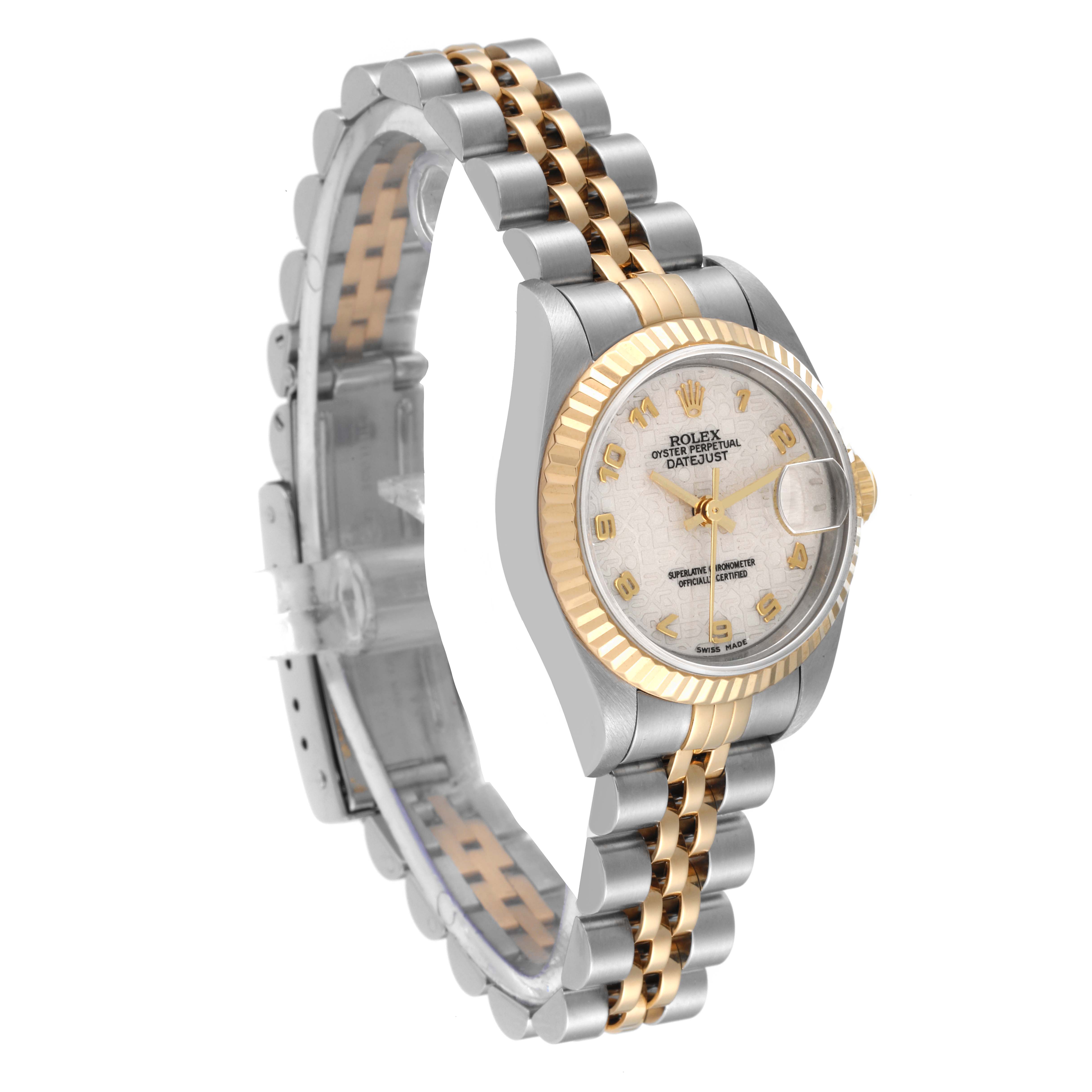 The image shows a Rolex Datejust 69173 Women's Steel and Gold (two tone) Beige Dial 69173 Women's Steel and Gold (two tone) Beige Dial watch at an oblique angle highlighting the dial, bezel, and Jubilee bracelet.