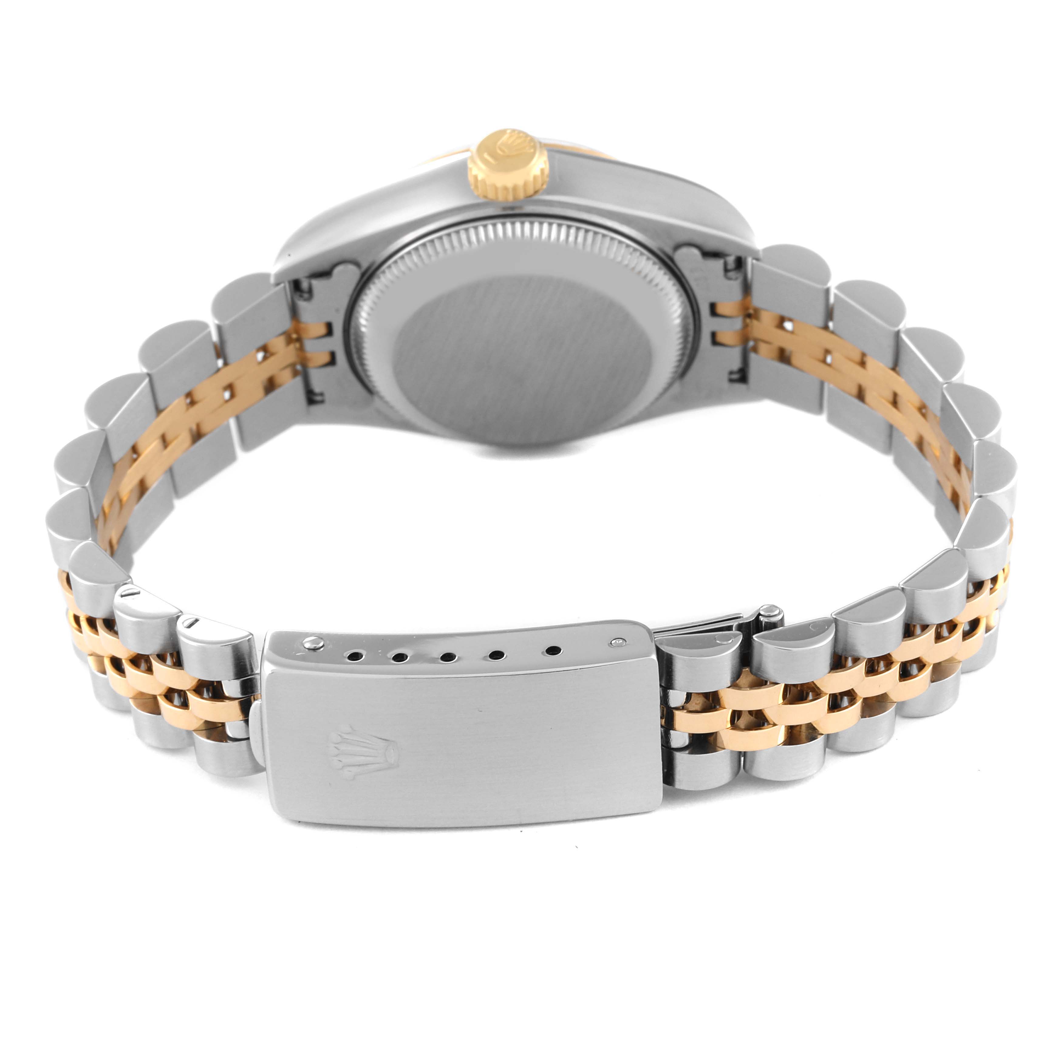 The image shows the back view of a Rolex Datejust 69173 Women's Steel and Gold (two tone) Beige Dial 69173 Women's Steel and Gold (two tone) Beige Dial watch, highlighting the case back, crown, and the two-tone Jubilee bracelet.