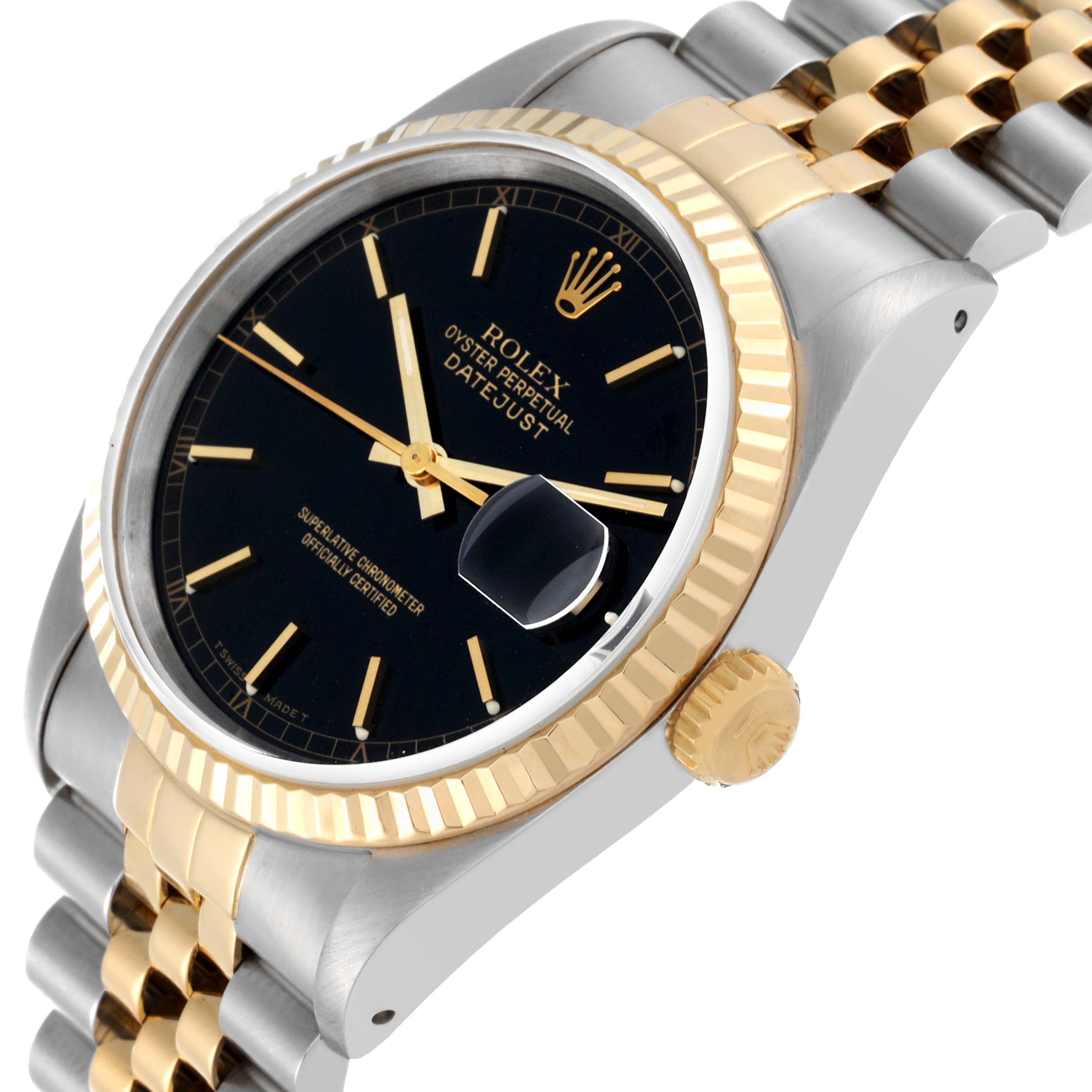 The image shows a side angle of a Rolex Datejust 16233 Men's Steel and Gold (two tone) Black Dial 16233 Men's Steel and Gold (two tone) Black Dial watch, highlighting the face, bezel, crown, and part of the bracelet.