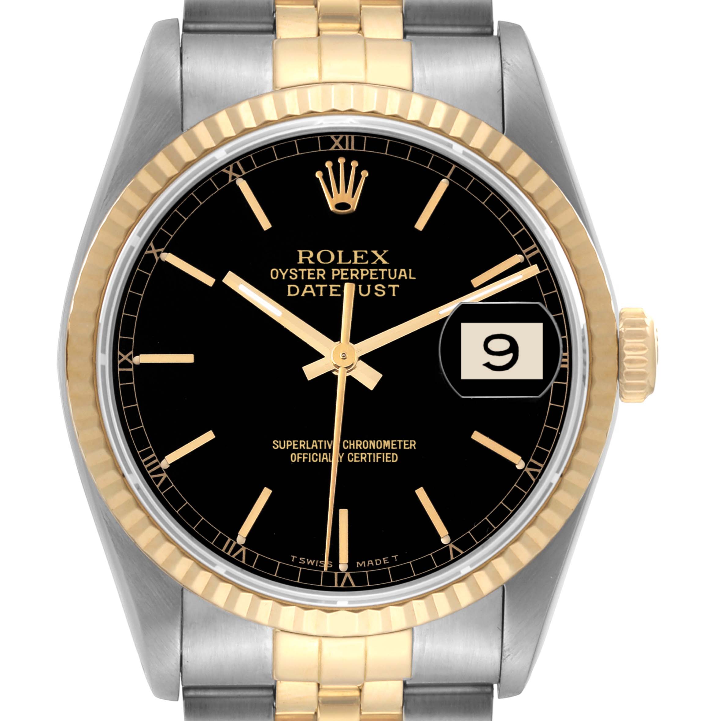 The image shows a front view of a Rolex Datejust 16233 Men's Steel and Gold (two tone) Black Dial 16233 Men's Steel and Gold (two tone) Black Dial watch, highlighting its black dial, gold markings, date window, and two-tone bracelet.