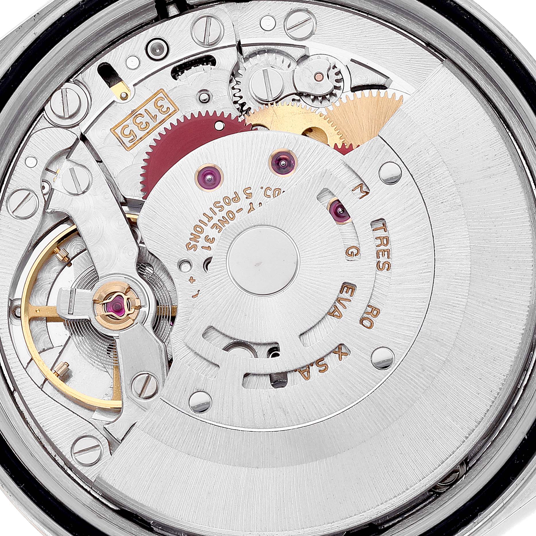 This image displays a close-up view of the movement mechanism of a Rolex Datejust 16233 Men's Steel and Gold (two tone) Black Dial 16233 Men's Steel and Gold (two tone) Black Dial watch.