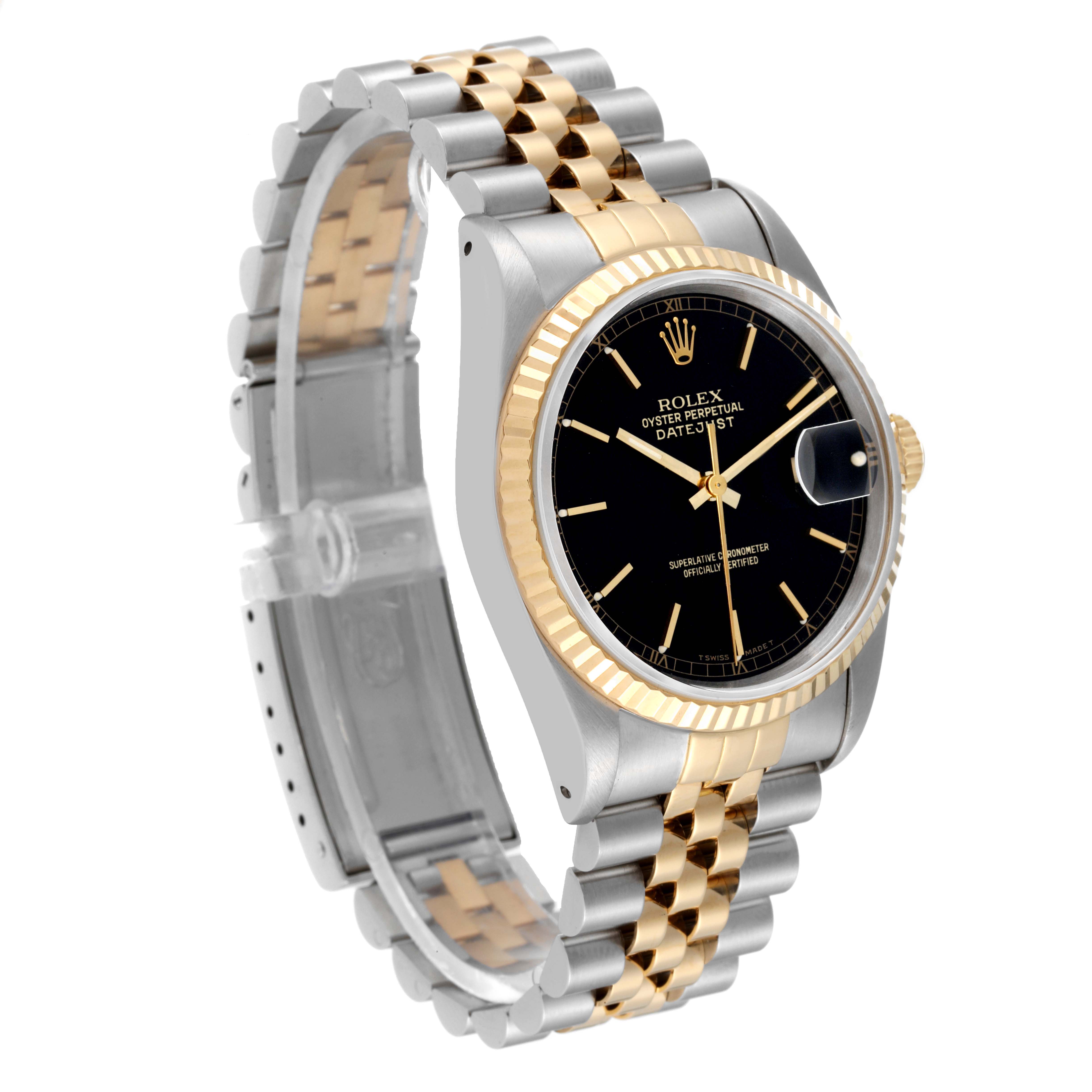 The Rolex Datejust 16233 Men's Steel and Gold (two tone) Black Dial 16233 Men's Steel and Gold (two tone) Black Dial watch is shown from an angled side view, highlighting its two-tone bracelet, black dial, and fluted bezel.