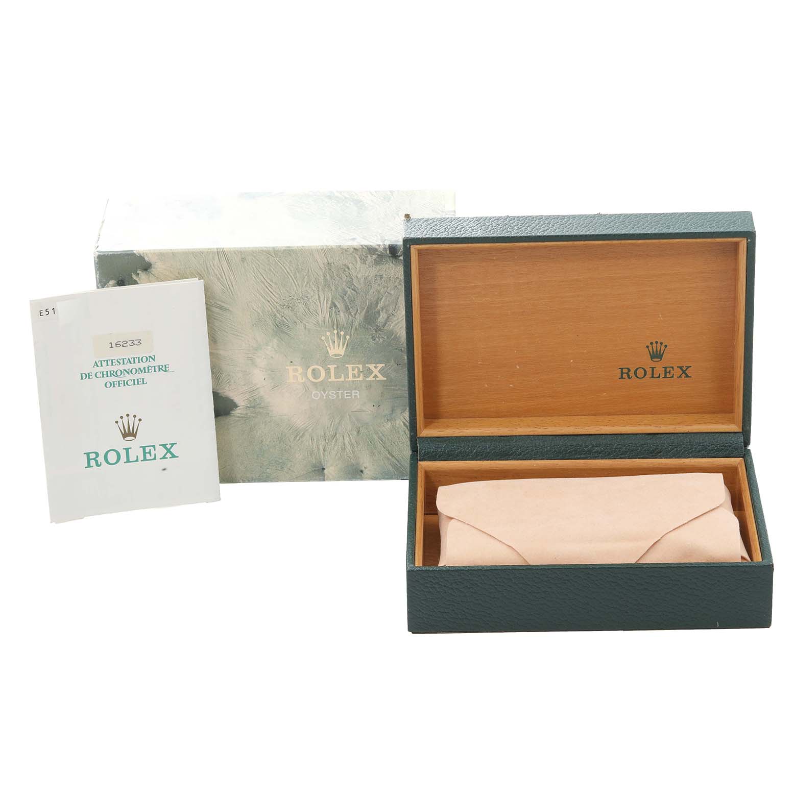 The image shows the packaging, a booklet, and an open box for the Rolex Datejust 16233 Men's Steel and Gold (two tone) Black Dial 16233 Men's Steel and Gold (two tone) Black Dial model.