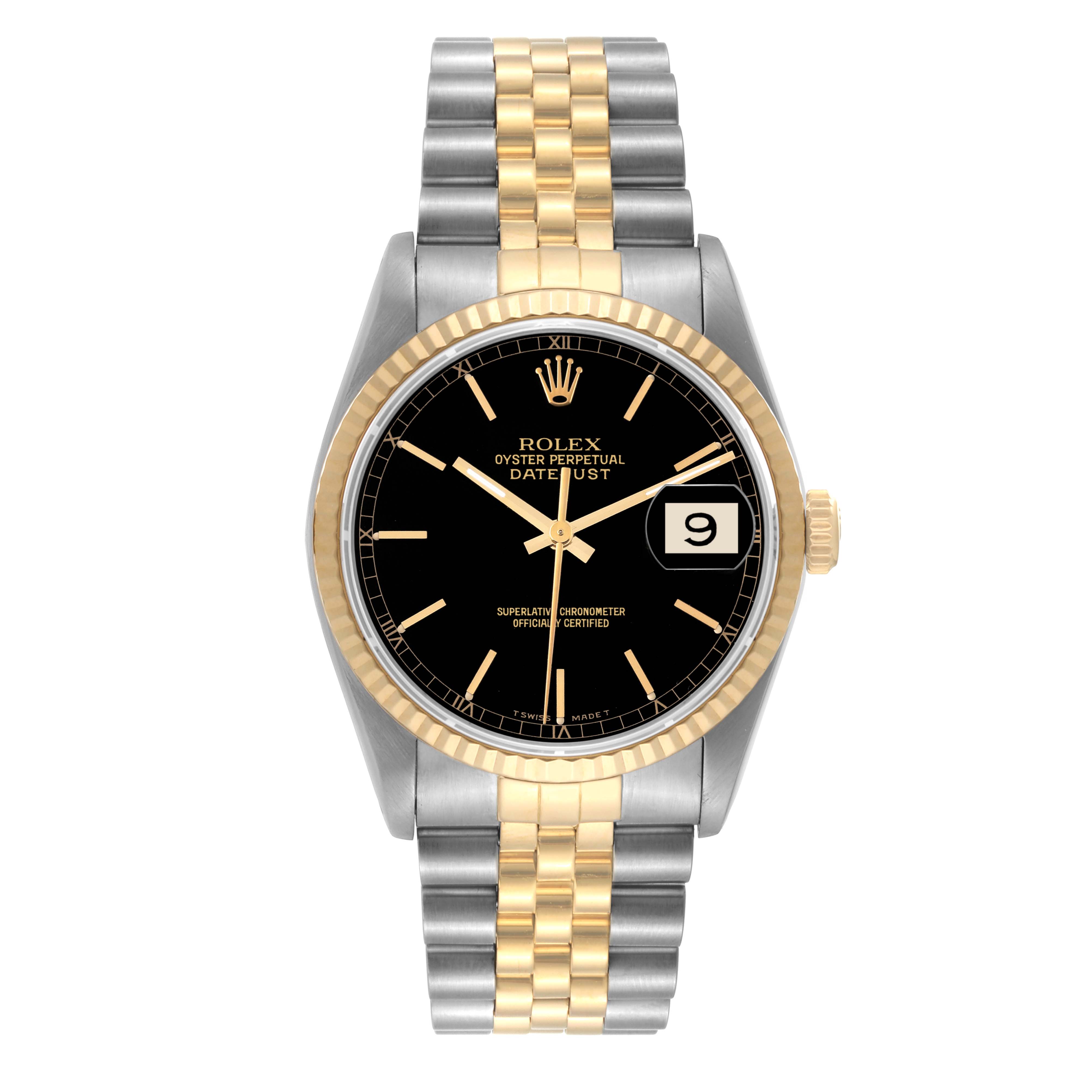 This image shows a Rolex Datejust 16233 Men's Steel and Gold (two tone) Black Dial 16233 Men's Steel and Gold (two tone) Black Dial watch from a straight-on angle, highlighting the dial, bezel, and bracelet.