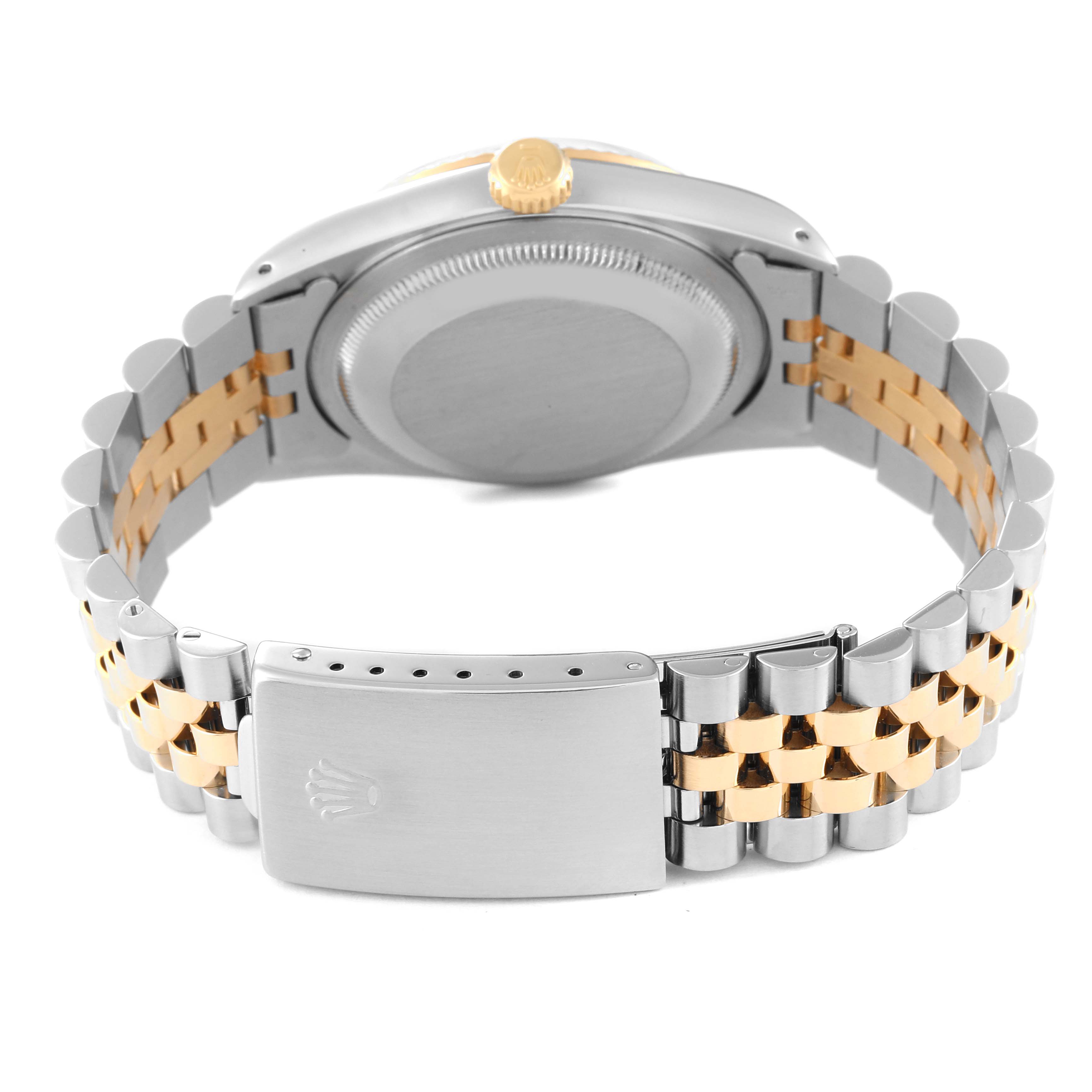 The image shows the back case, bracelet, and clasp of a Rolex Datejust 16233 Men's Steel and Gold (two tone) Black Dial 16233 Men's Steel and Gold (two tone) Black Dial watch, highlighting its two-tone metal design.