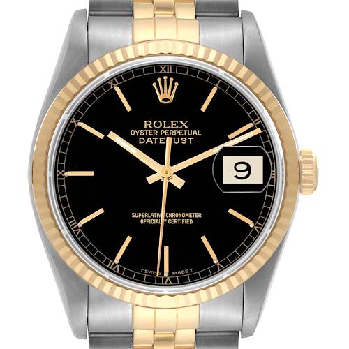 This image shows a frontal view of the Rolex Datejust, displaying its dial, crown, bezel, and part of the bracelet.