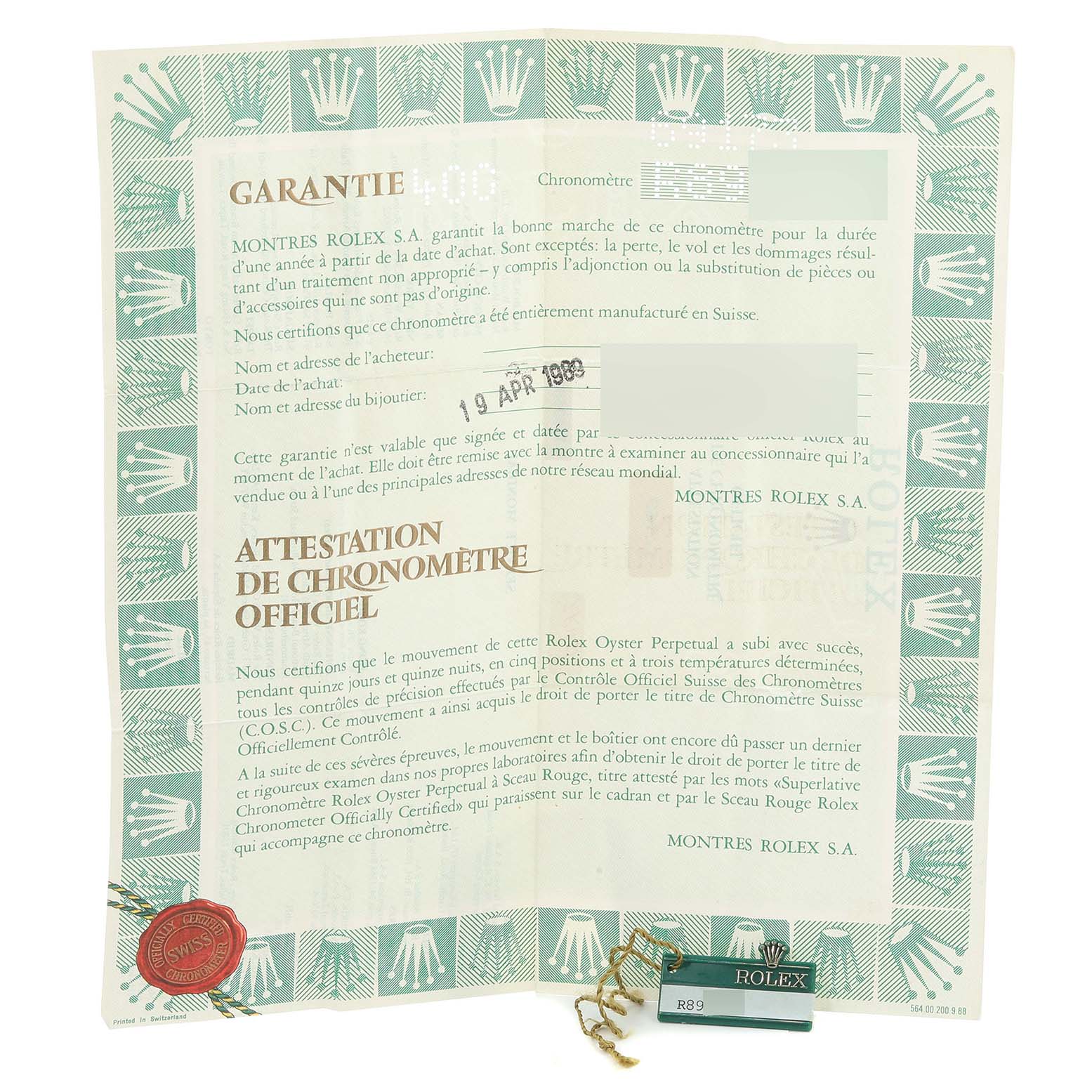 This image shows a warranty certificate for the Rolex Datejust 69173 Women's Steel and Gold (two tone) Champagne Dial 69173 Women's Steel and Gold (two tone) Champagne Dial model from a top-down angle.