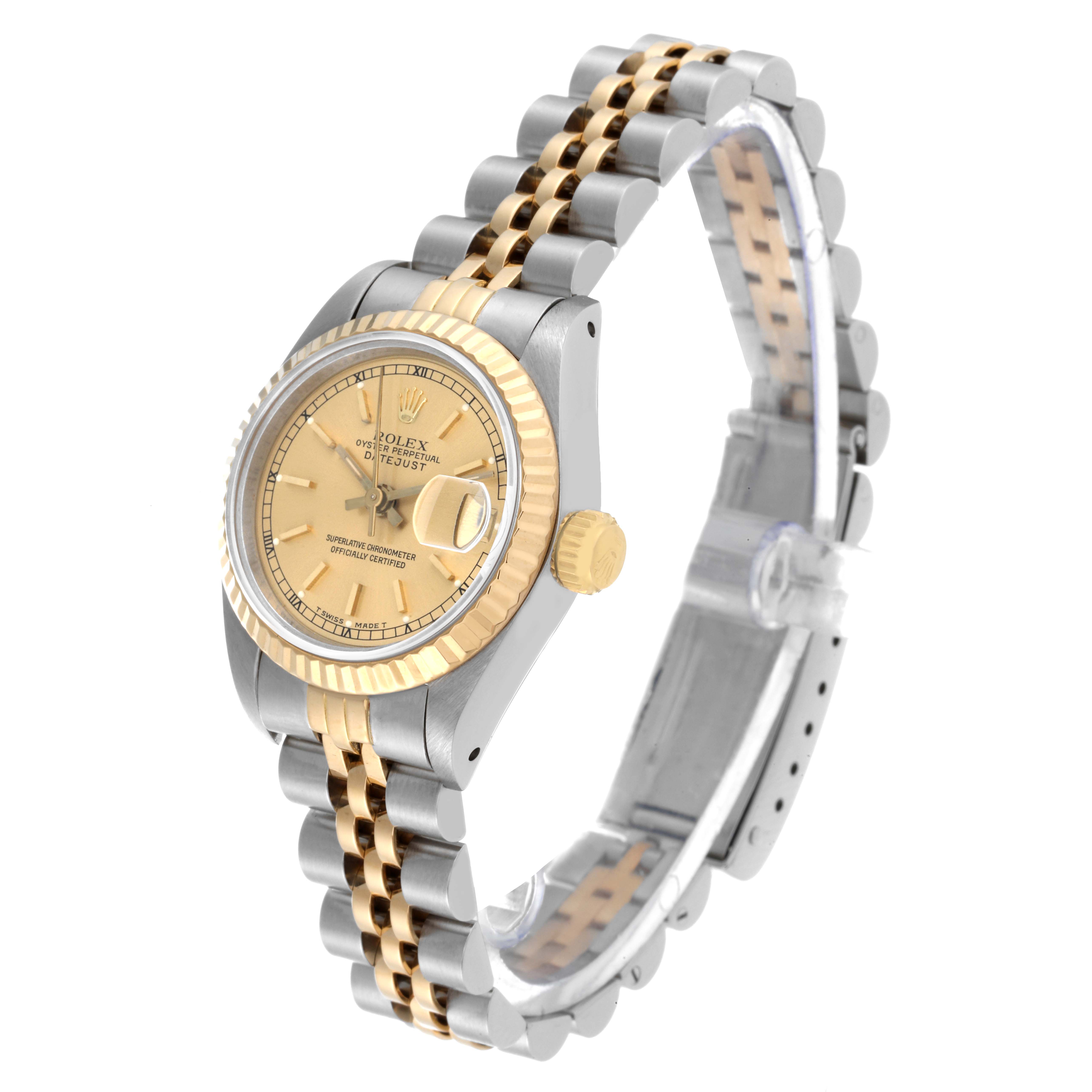 The Rolex Datejust 69173 Women's Steel and Gold (two tone) Champagne Dial 69173 Women's Steel and Gold (two tone) Champagne Dial watch is shown at a slight side angle, displaying its face, bezel, and bracelet.