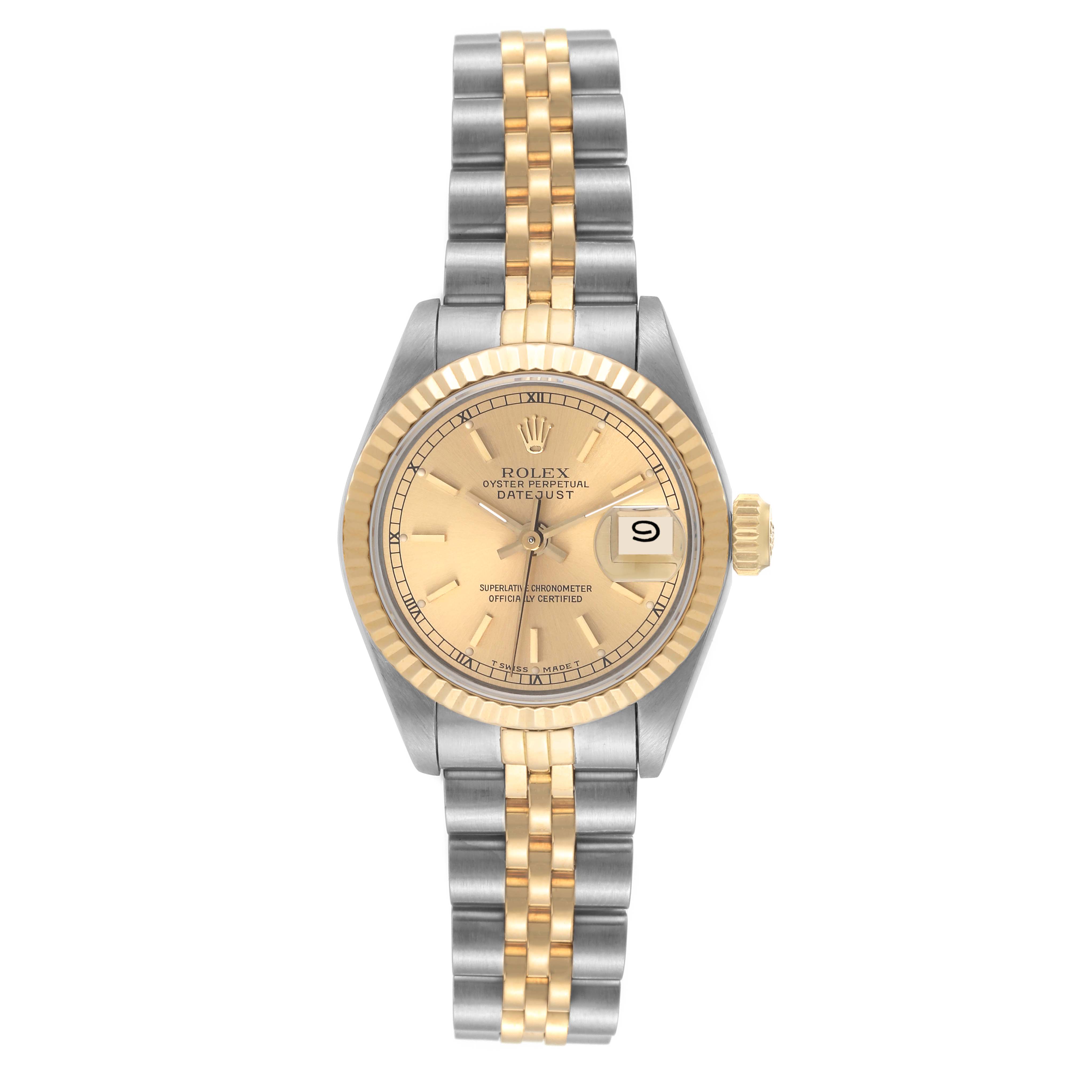 The Rolex Datejust 69173 Women's Steel and Gold (two tone) Champagne Dial 69173 Women's Steel and Gold (two tone) Champagne Dial watch is shown from a front angle, displaying the face, dial, bezel, and bracelet.