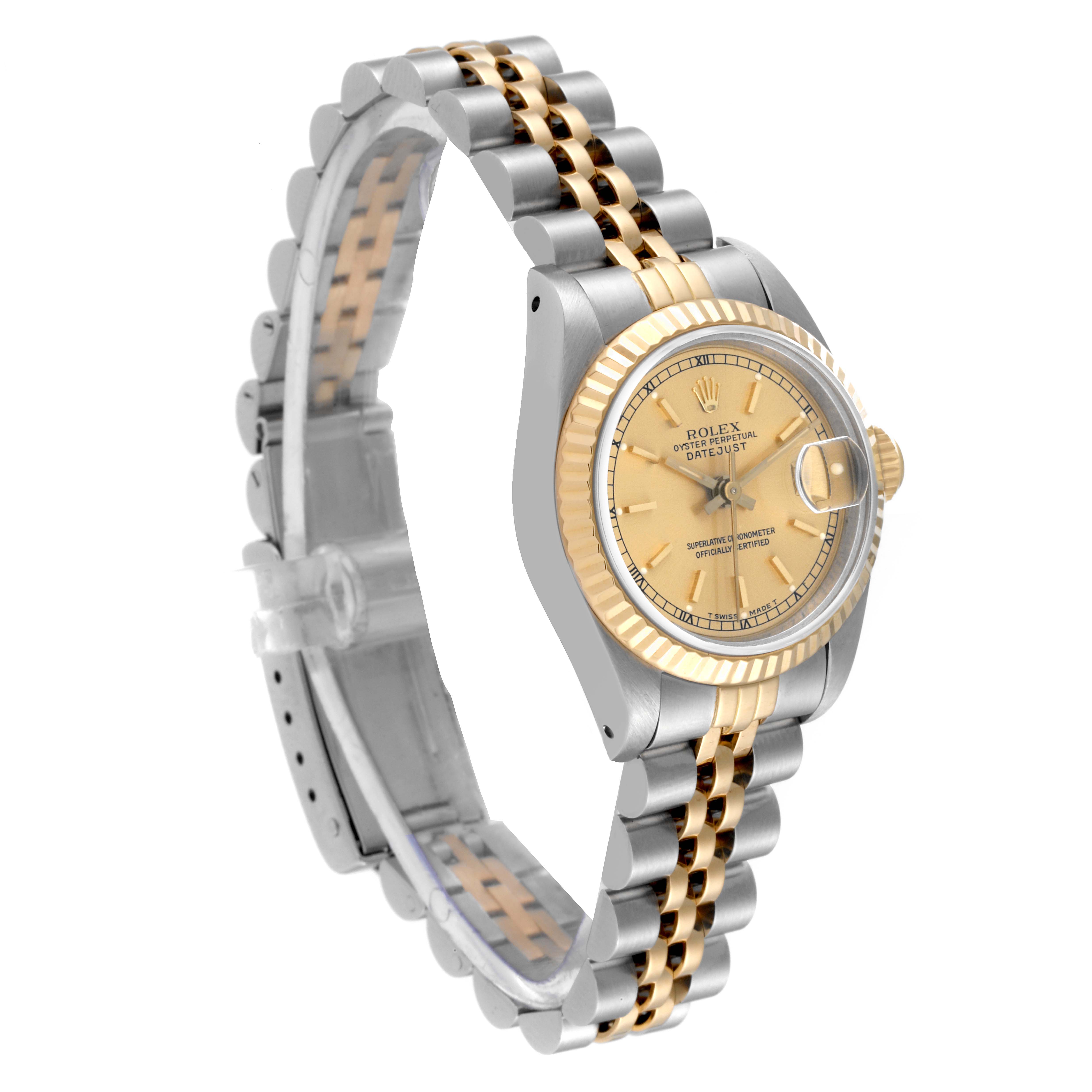 The image shows a Rolex Datejust 69173 Women's Steel and Gold (two tone) Champagne Dial 69173 Women's Steel and Gold (two tone) Champagne Dial watch at a 3/4 angle, highlighting its two-tone bracelet, fluted bezel, and champagne dial.