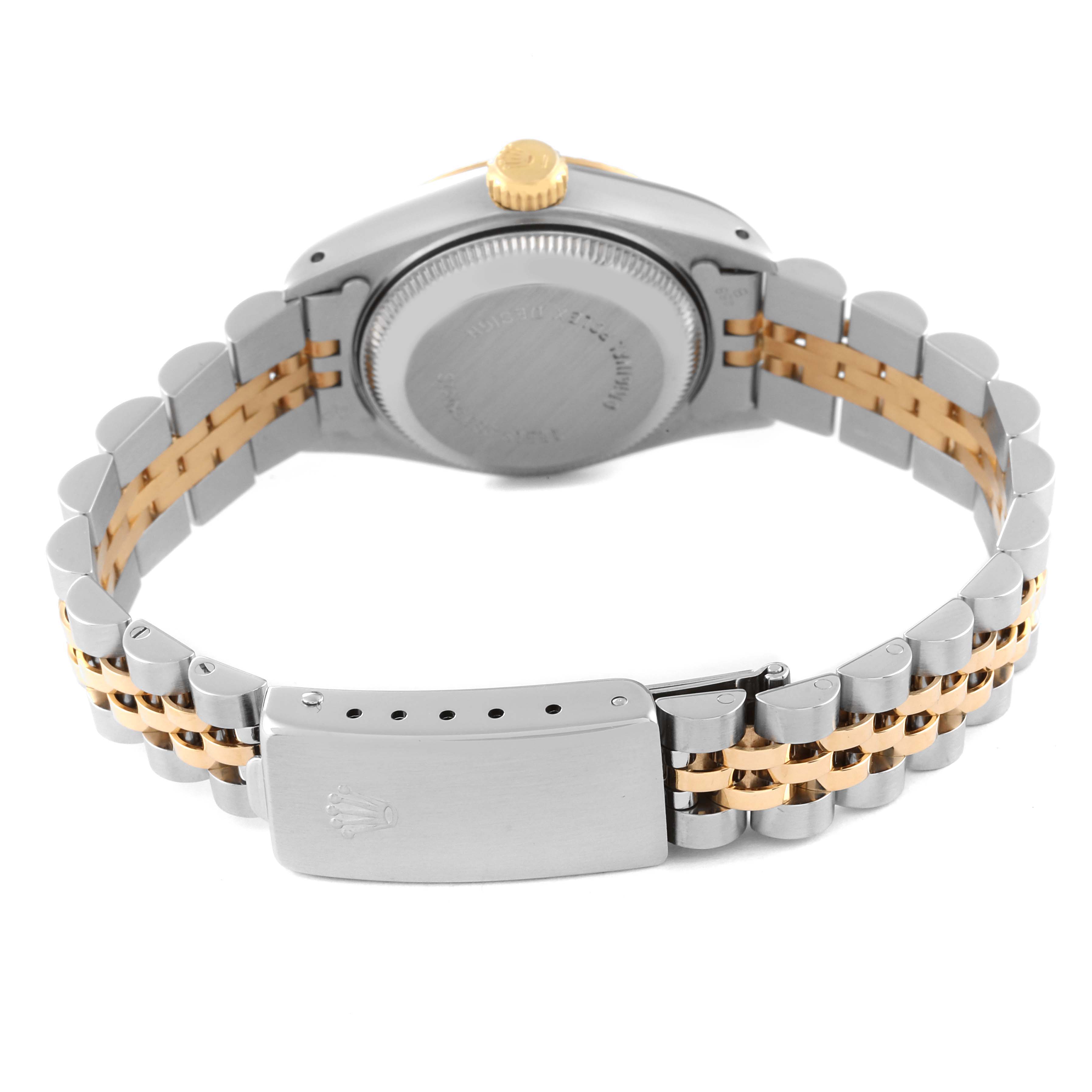 The image shows the back and bracelet of a Rolex Datejust 69173 Women's Steel and Gold (two tone) Champagne Dial 69173 Women's Steel and Gold (two tone) Champagne Dial watch, highlighting the clasp and crown.
