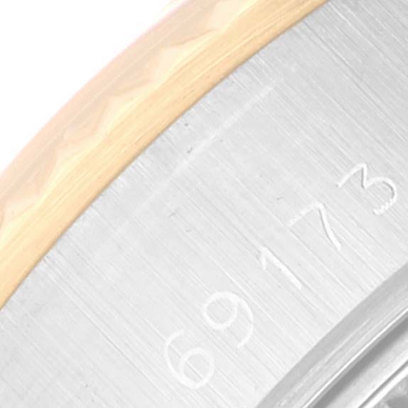 This image shows a close-up of the model number "69173" engraved on the casing of a Rolex Datejust 69173 Women's Steel and Gold (two tone) Champagne Dial 69173 Women's Steel and Gold (two tone) Champagne Dial watch.