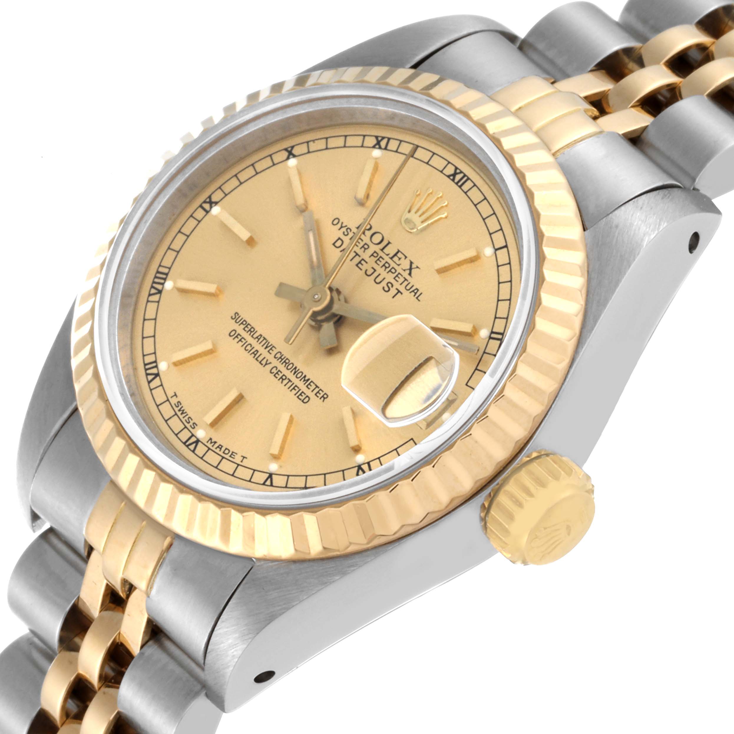 The Rolex Datejust 69173 Women's Steel and Gold (two tone) Champagne Dial 69173 Women's Steel and Gold (two tone) Champagne Dial watch is shown at an angled close-up, highlighting the face, bezel, crown, and part of the bracelet.