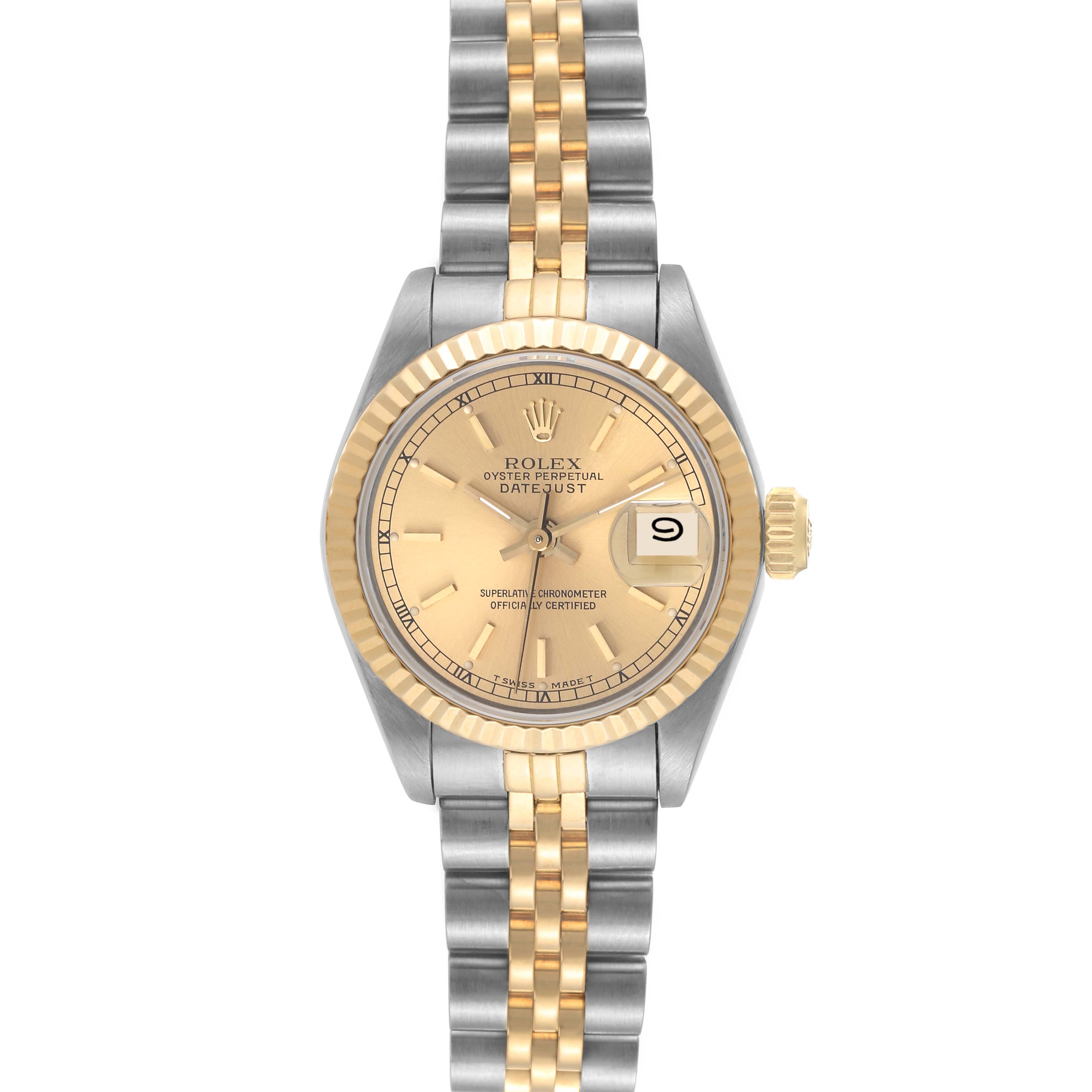 The Rolex Datejust 69173 Women's Steel and Gold (two tone) Champagne Dial 69173 Women's Steel and Gold (two tone) Champagne Dial watch is shown from a straight-on angle, displaying the face, bezel, and bracelet.