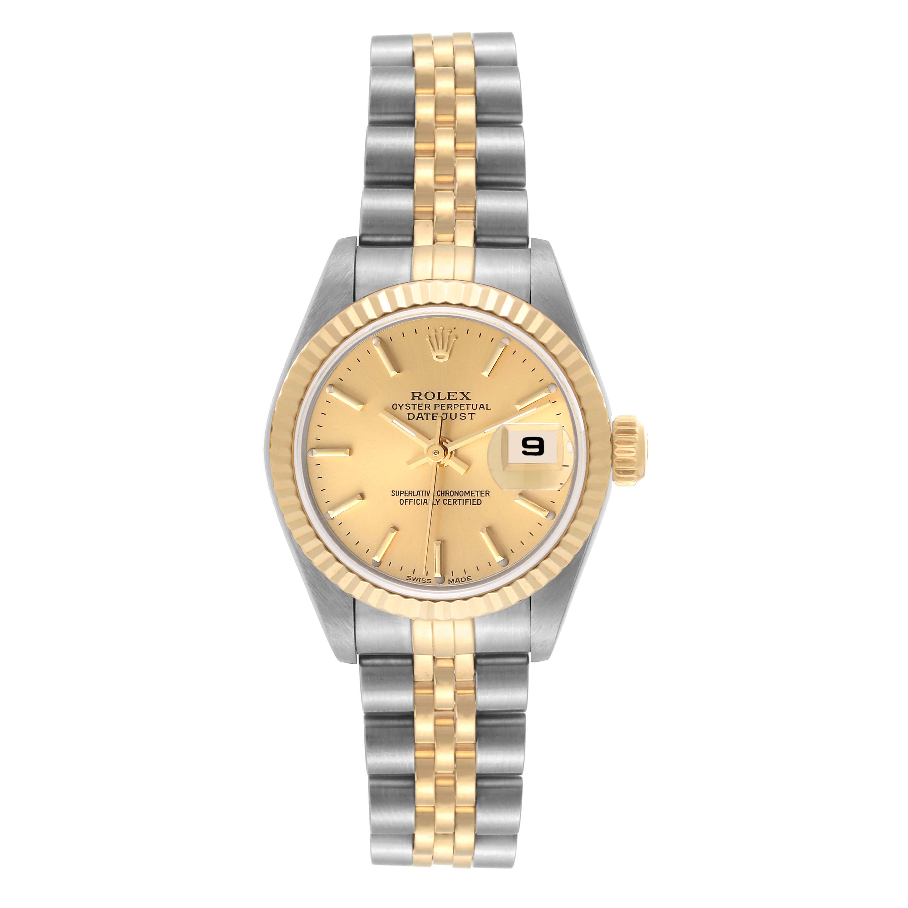The image shows a Rolex Datejust 79173 Women's Steel and Gold (two tone) Champagne Dial 79173 Women's Steel and Gold (two tone) Champagne Dial watch from the front, highlighting its gold dial, date display, and two-tone bracelet.