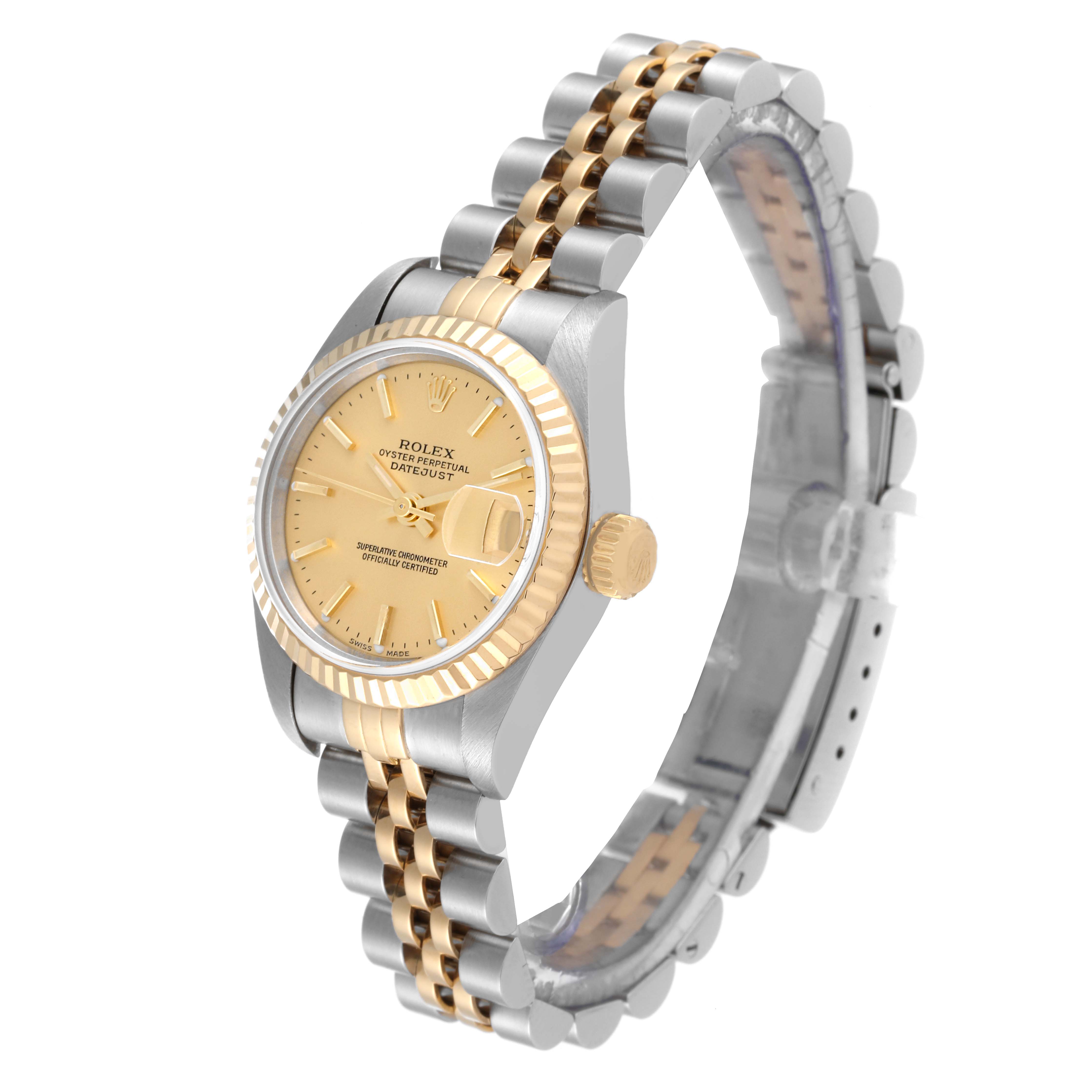 The Rolex Datejust 79173 Women's Steel and Gold (two tone) Champagne Dial 79173 Women's Steel and Gold (two tone) Champagne Dial watch is shown at a three-quarter angle, displaying the face, bezel, crown, and part of the bracelet.